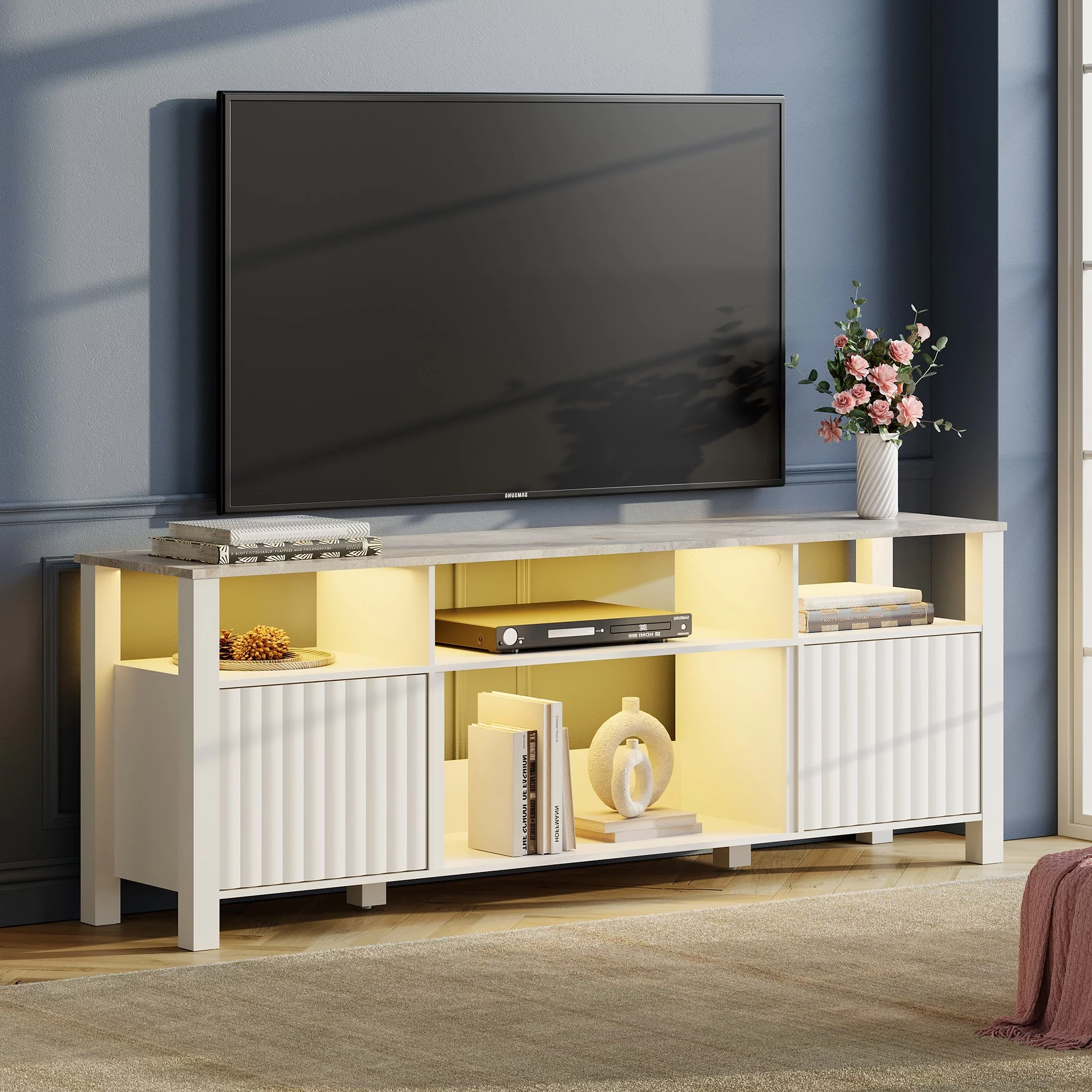 LED TV Stand for 80 inch, Modern TV Console Media Cabinet for 75/70/65 TV, Wood Entertainment Center with 6 Storage for Living Room, 70'', White