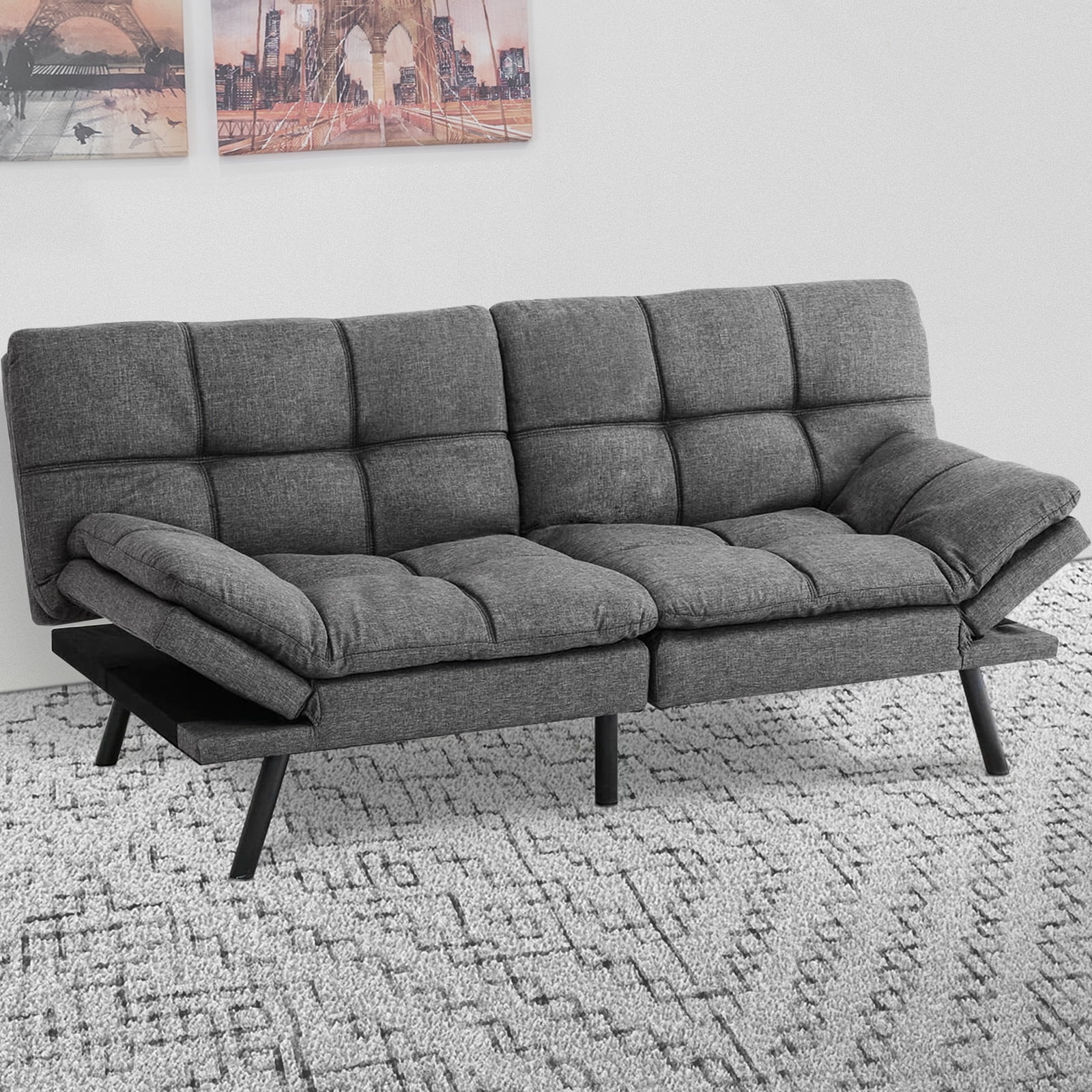 Stylish Futon Sofa Bed - Memory Foam Convertible Loveseat, Perfect Sleeper Convertible Futon Couch for Living Room, Lien Upholstery, Gray