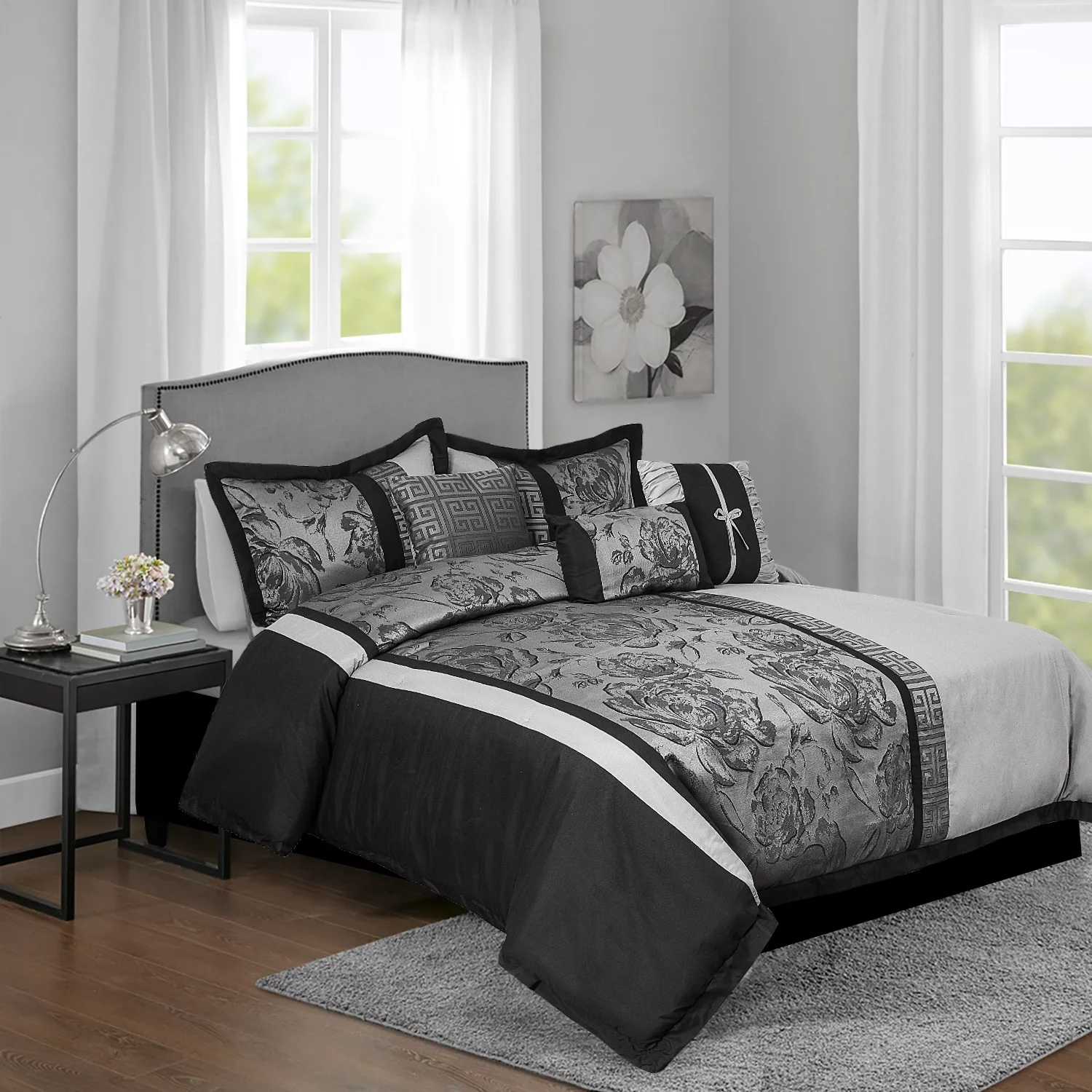 HIG 7 Piece Comforter Set Queen-Gray Jacquard Fabric Patchwork-PEONY Bed In A Bag Queen Size- Soft Texture,Smooth,Good Drapability-Includes 1 Comforter,2 Shams,3 Decorative Pillows,1 Bedskirt