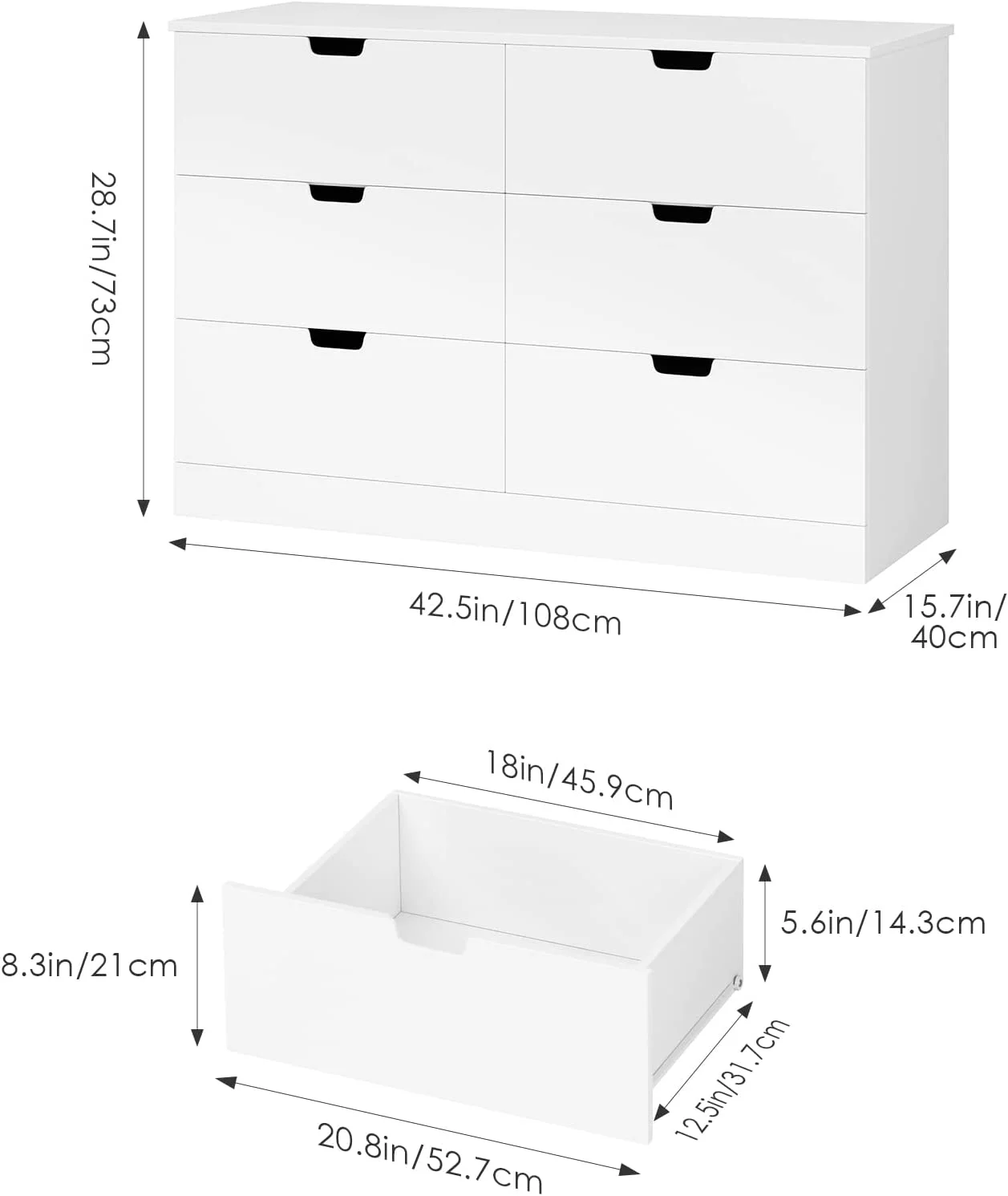 6 Drawer Dresser Double Dresser, White Dresser Modern Dresser 6 Chest of Drawers, Wood Storage Organizer Dresser with Cut-Out Handles for Home, Large Drawer Capacity