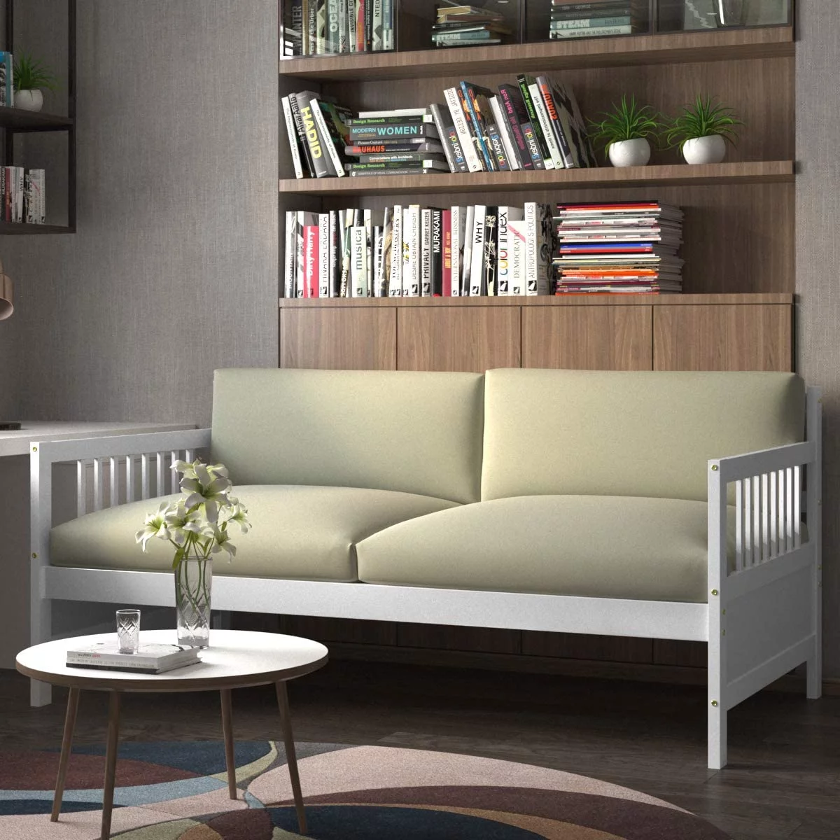 Twin Daybed Frame, Wooden Sofa Bed Guest Bed with Rails & Wood Slat Support, Dual-use Twin Size Platform Bed Frame for Living Room Bedroom, No Box Spring Needed (Twin,White)