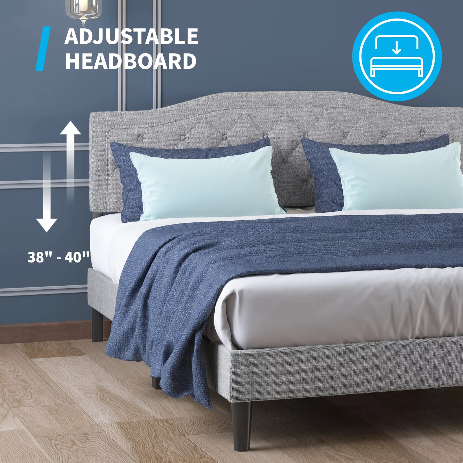 MUZZ Upholstered Line King Size Button Tufted Bed Frame, Platform Bed Frame with Headboard /Strong Wood Slats Support/ Mattress Foundation (Light Grey, King)