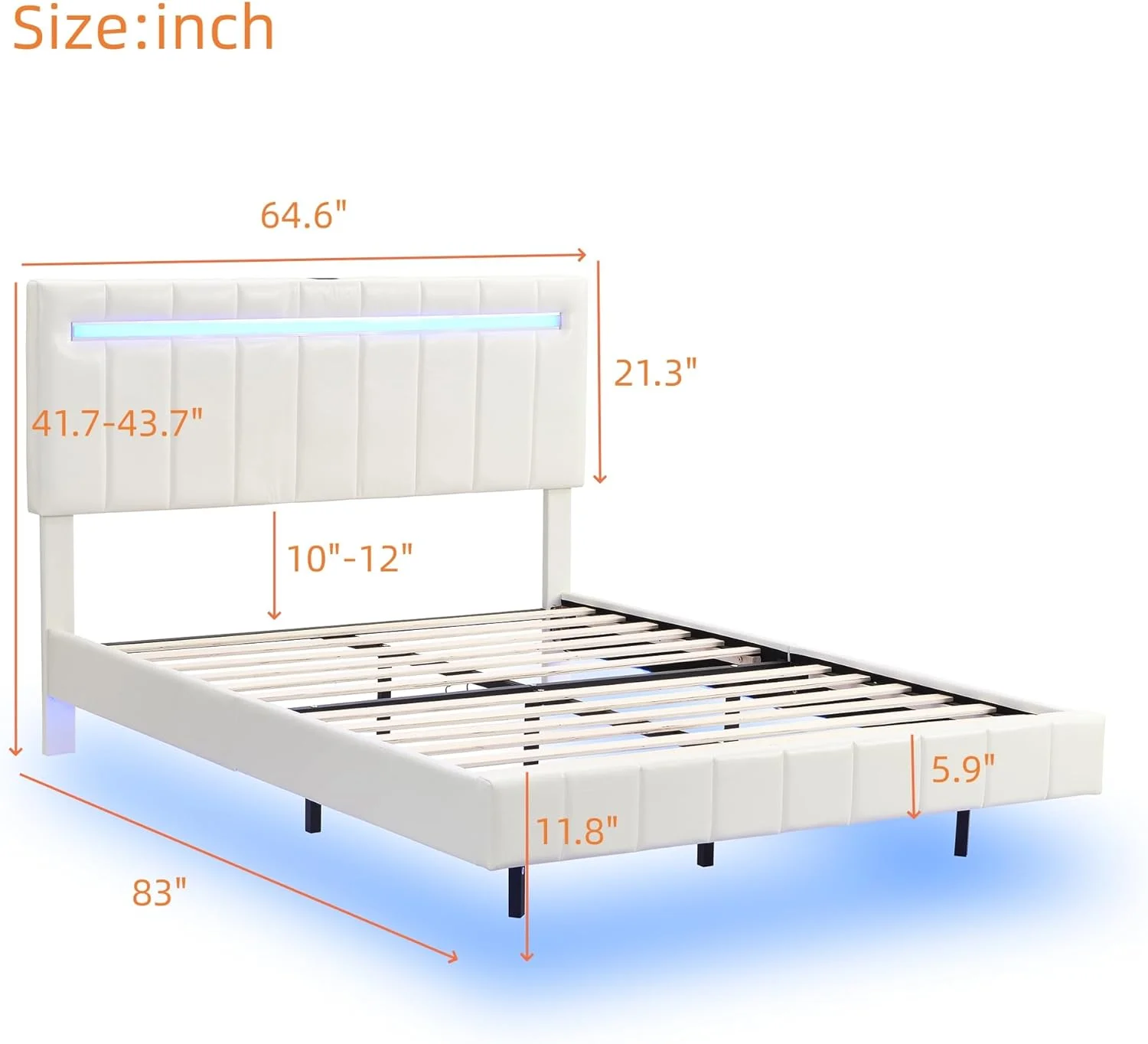 Queen Size Floating Bed Frame With LED Lights And USB Charging,Modern Queen PU Upholstered Platform LED Bed Frame,White