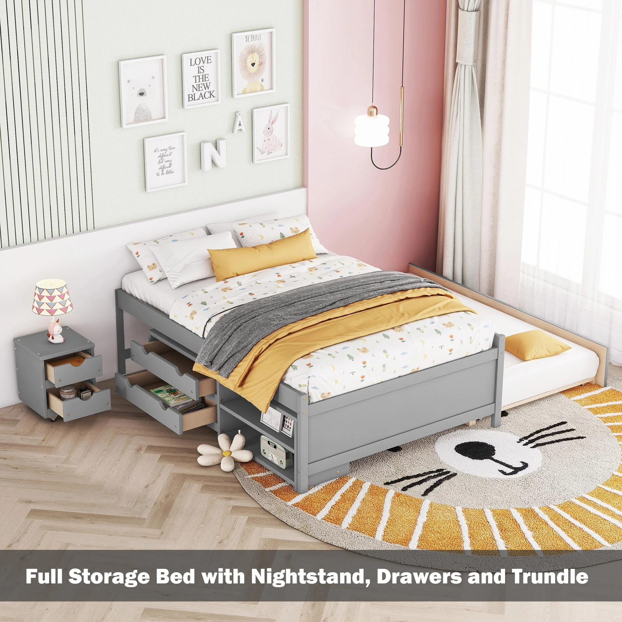 Bellemave Space Saving Full Size Platform Bed with Nightstand and Trundle Full Storage Bed Frame with Under Bed Storage Cabinet and 2 Drawers for Kids, Teens, No Box Spring Needed, Gray