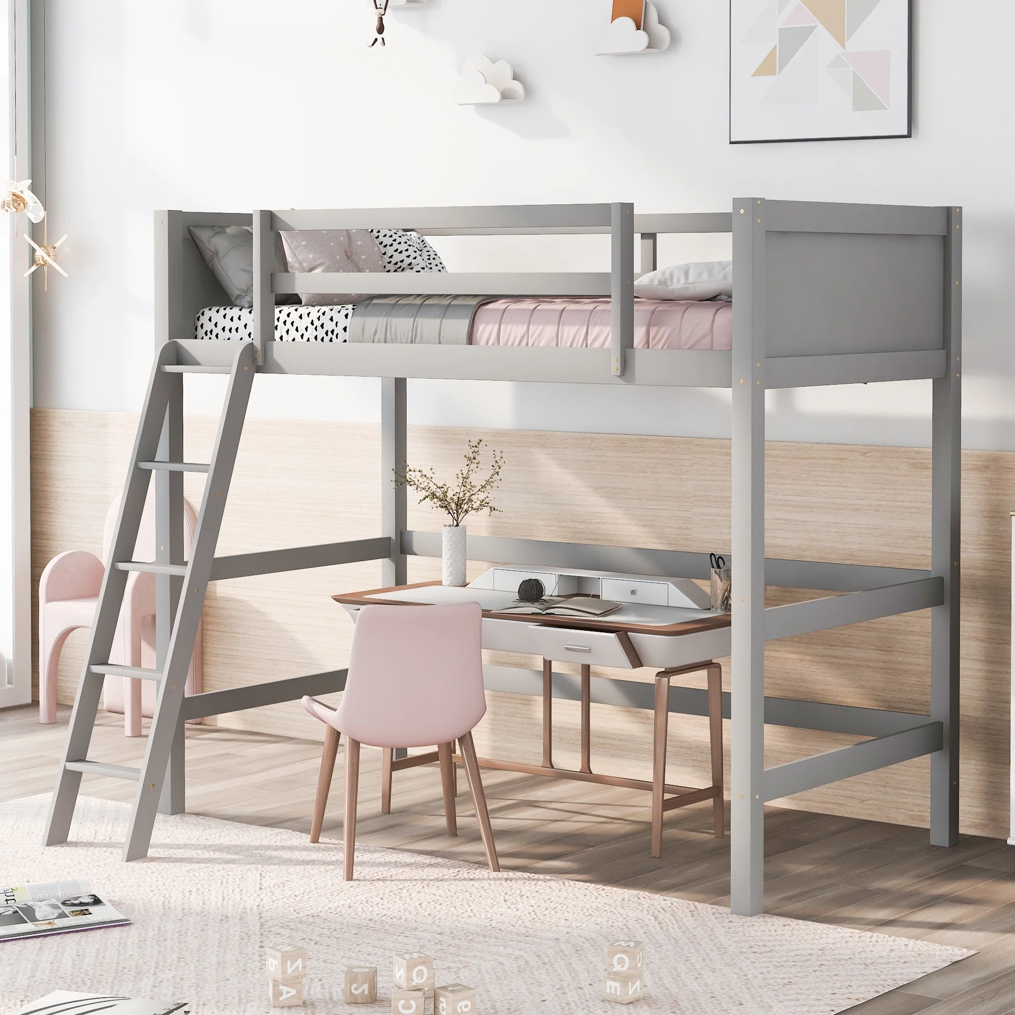 Loft Bed Twin Size, Solid Wood Twin Loft Bed Frame with Ladder and Safety Guardrails, Bedroom Furniture for Kids Teens Adults, No Box Spring Needed, Gray, L0303