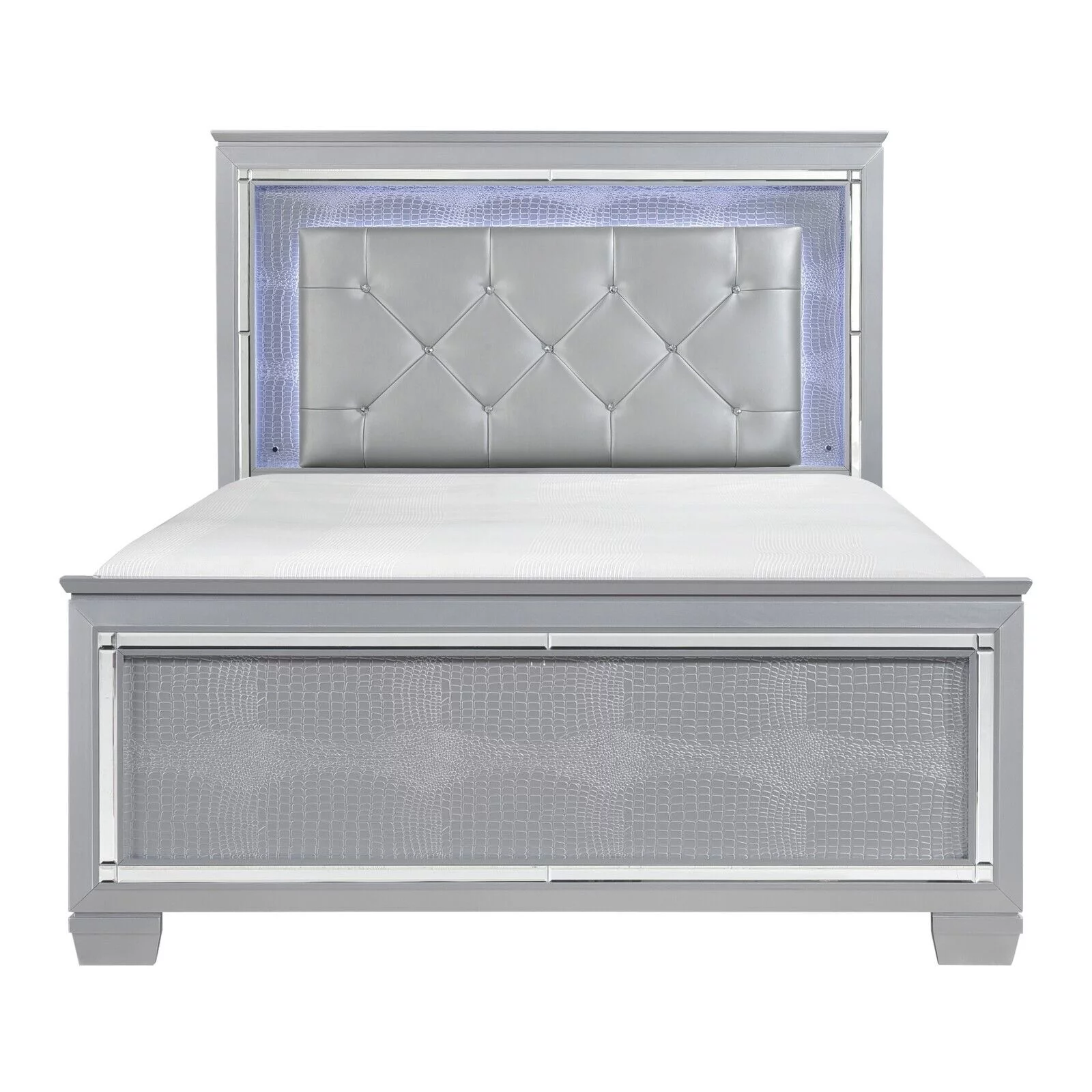 Gorgeous Silver Finish Full Size Bed Crystal-Tufted LED Headboard Bedroom Furniture