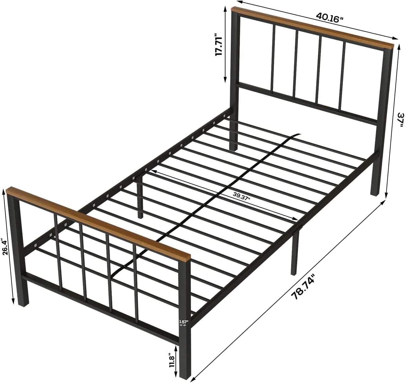 Twin Size Bed Frames with Storage Metal Platform Bed Frames with Headboard and Footboard Sturdy Mattress Foundation No Box Spring Needed Heavy Duty Steel Slat for Girl Boy Black