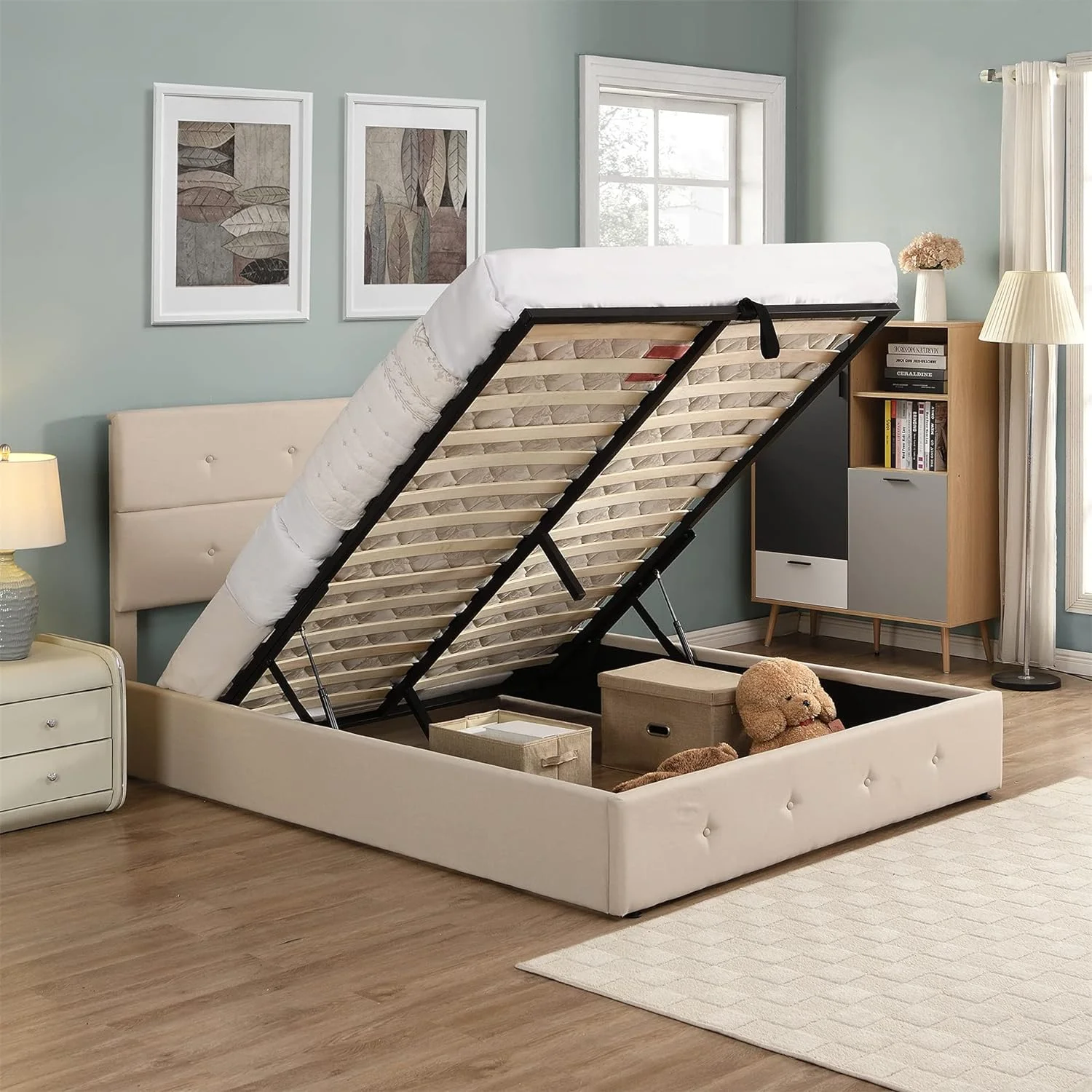 Quee Plaform Bed Wih Sorage Udereah, Upholsered Plaform Bed Wih Gas Lif Up Sorage, Meal Bed Frame Wih ufed Headboard(Beige, Buo-ufed)
