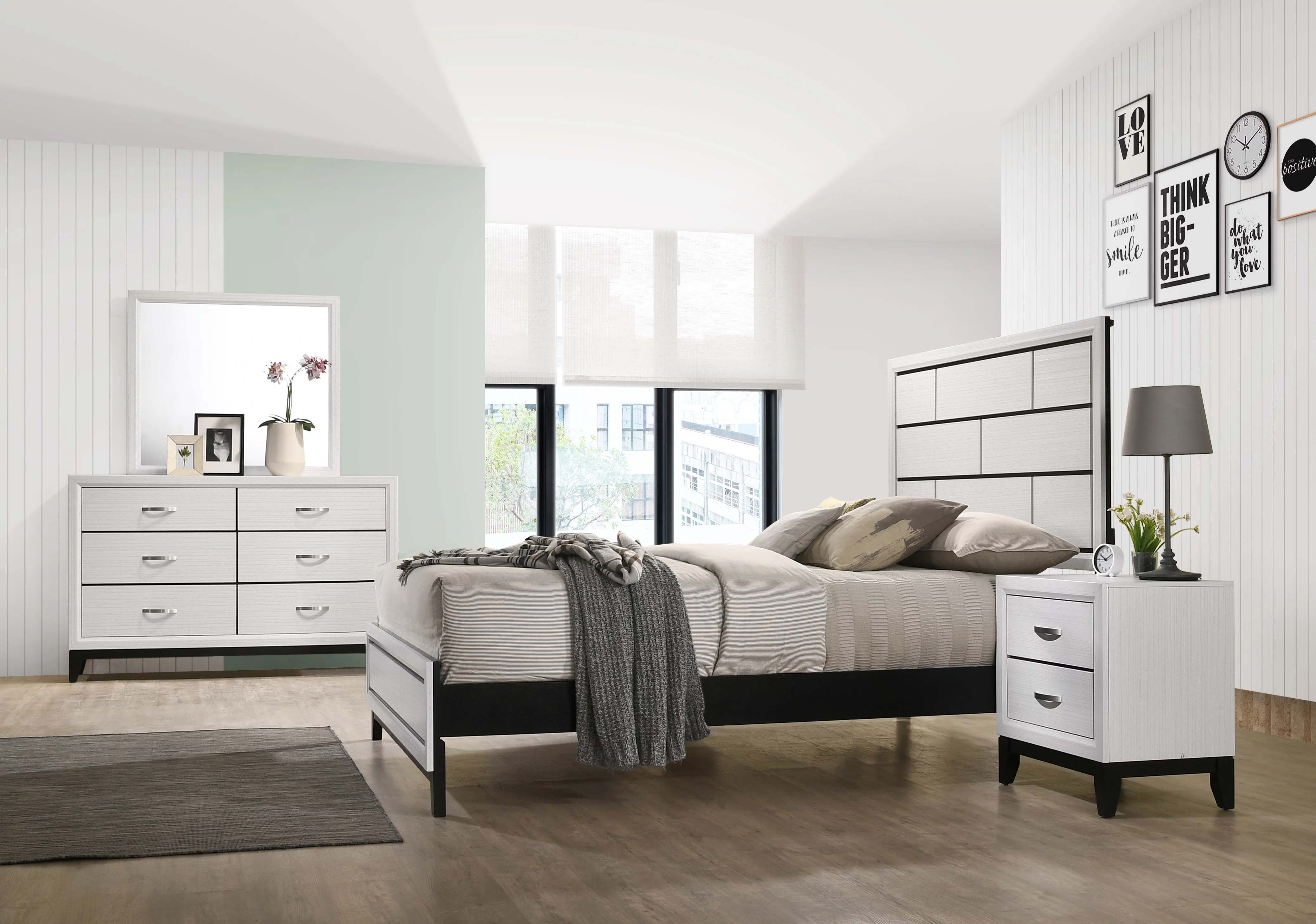 Stout Contemporary Panel Bedroom Set in White Finish with Queen Bed, Dresser, Mirror, Night Stand, Chest