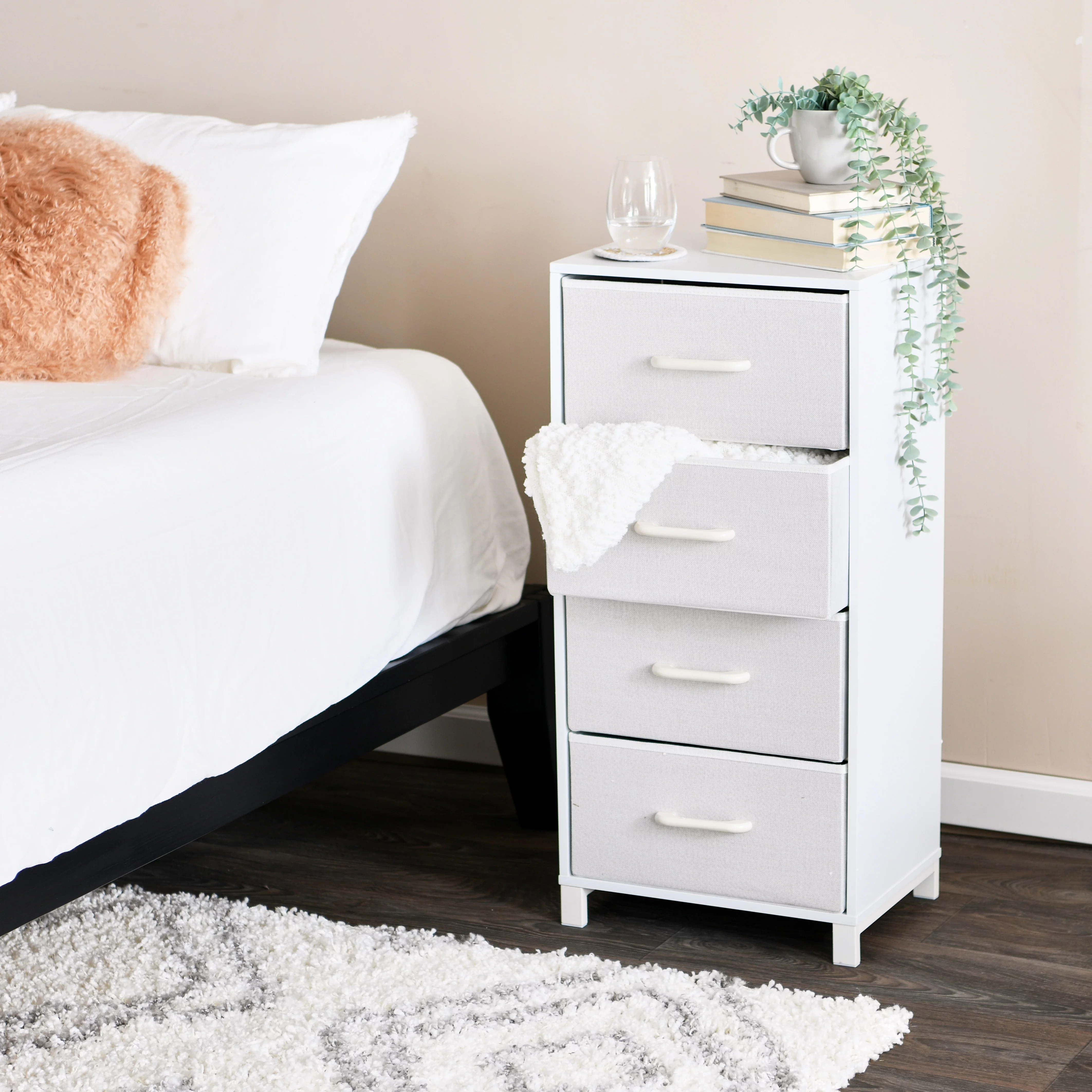 Household Essentials 4 Drawer Dresser, Narrow Storage Chest, Multi-Color Drawers, Wire Backing and Metal Feet, Wood Handles, Scandinavian White Laminate