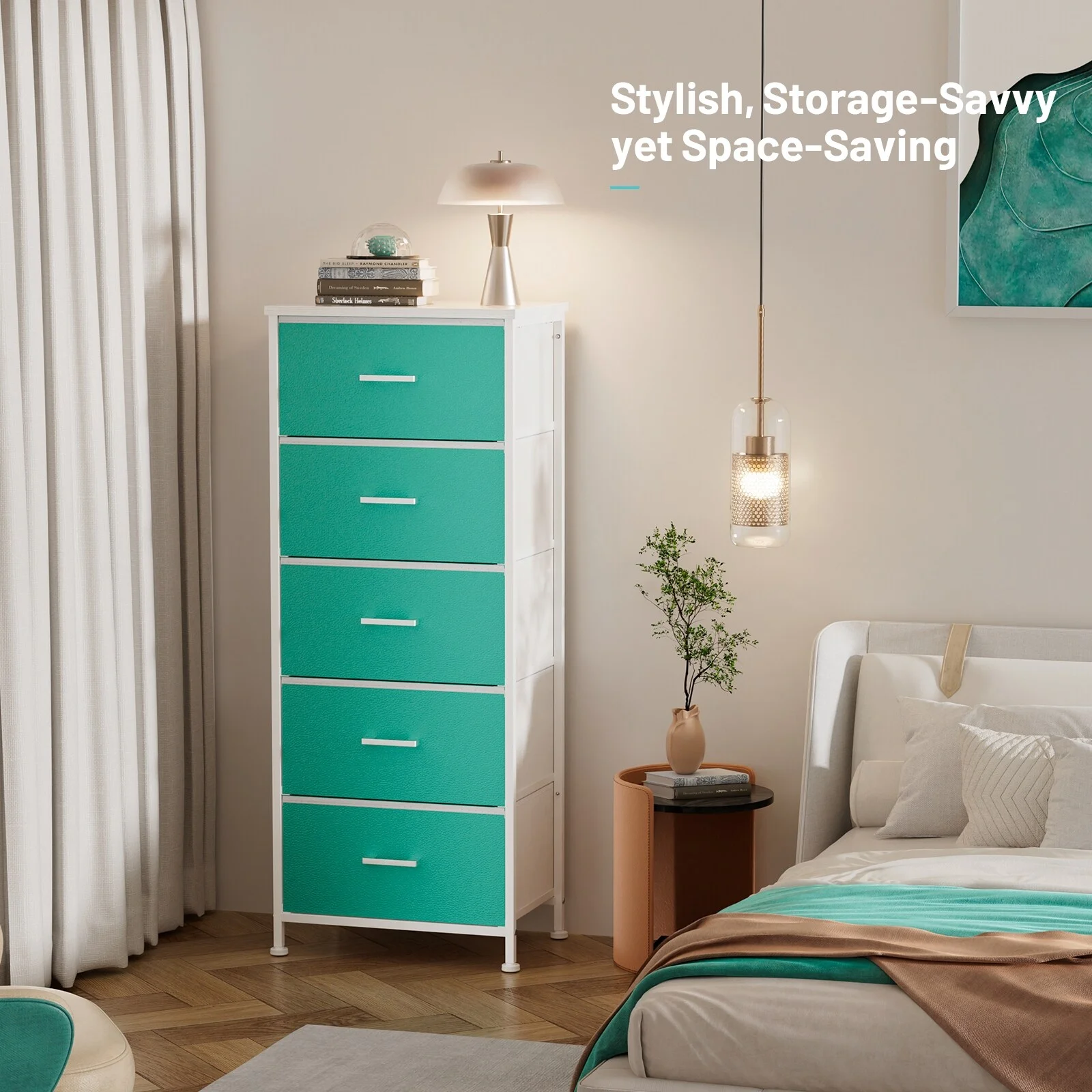 Dresser for Bedroom with 5 Drawers, Leather Finish, Wood Top, Fabric Bins