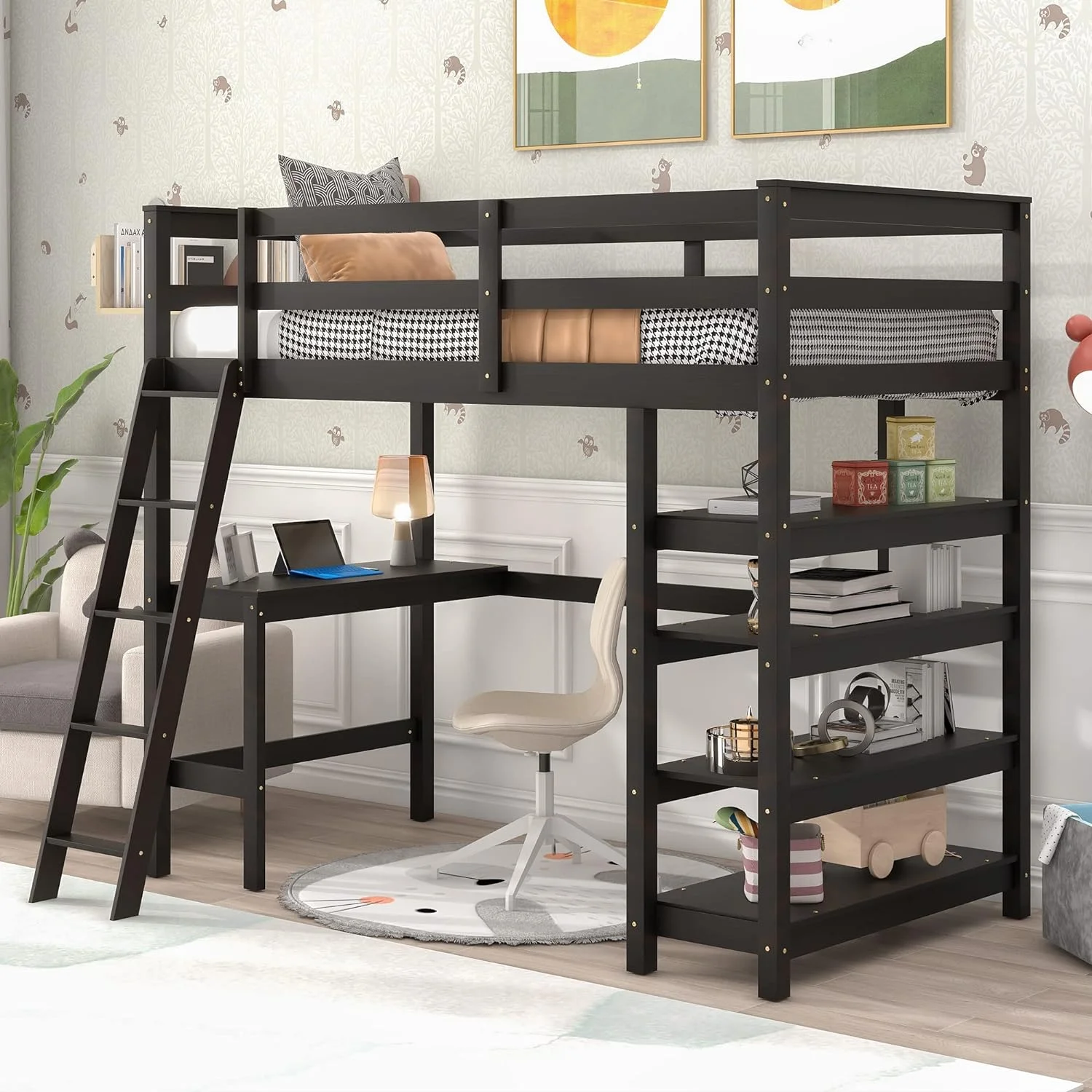 Size Loft Bed With Desk Ad Storage Shelves, Solid Wood Loft Bed Frame With Ladder Ad Guardrail, For Kids Tees Adults (Espresso)