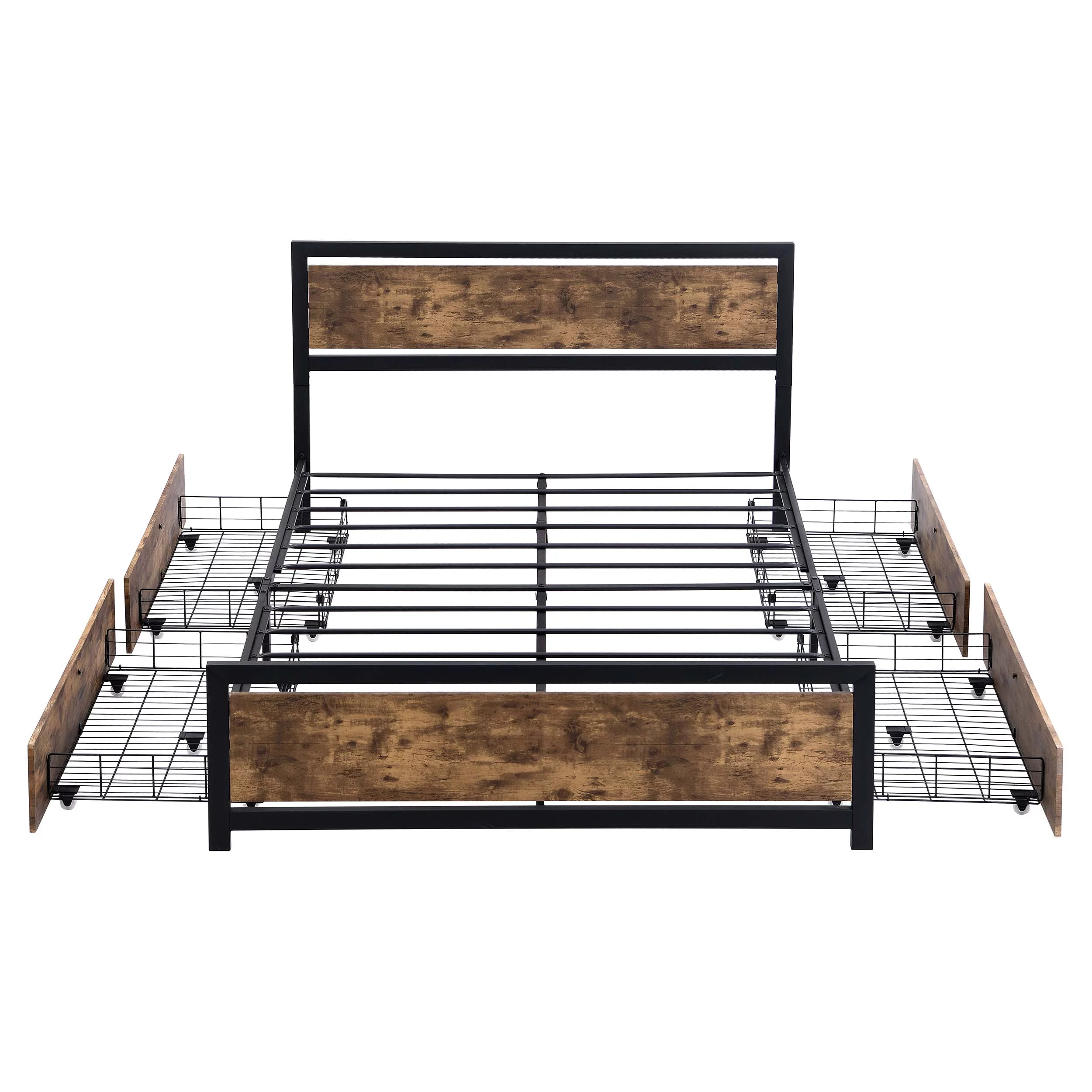 PAPROOS Full Bed with Storage, Heavy Duty Metal Platform Bed with 4 Storage Drawers, Industrial Full Size Wood and Metal Bed Frame with Headboard and Footboard, No Box Spring Needed, Brown