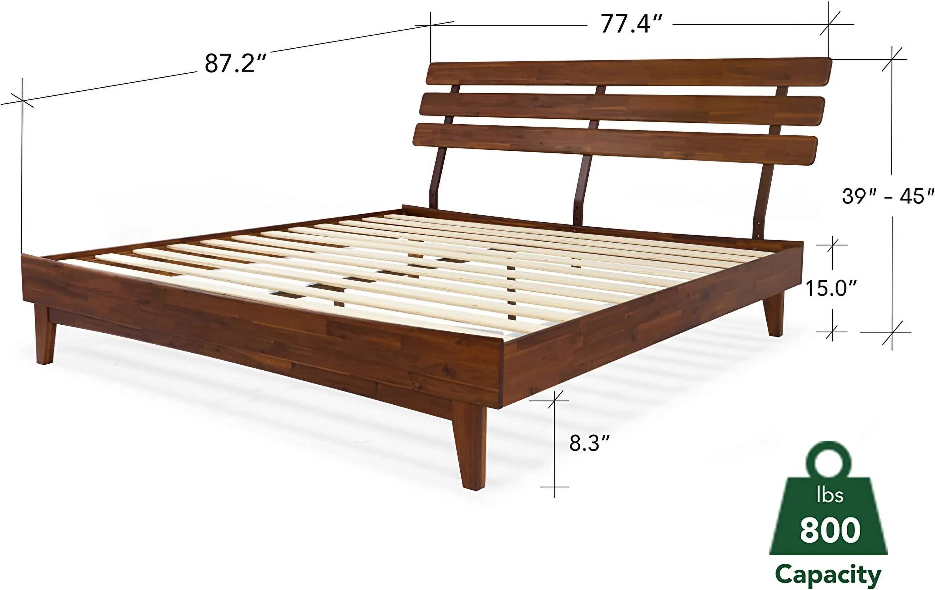 Bme King Size | Caden 77x87x15in Deluxe Bed Frame with Adjustable Headboard, Mid Century Style, Acacia Wood, Dark Chocolate