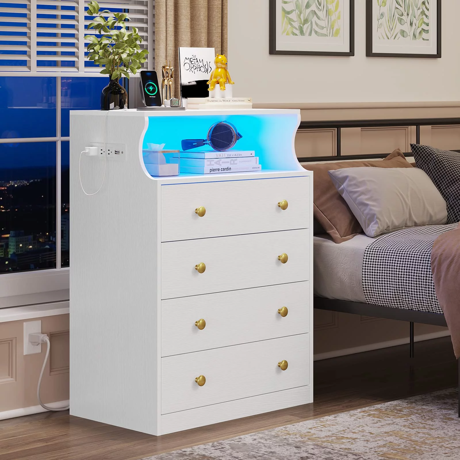 EPHEX White Led Dresser with Charging Station, 4 Drawers Dresser for Bedroom, Chest of Drawers with Open Space