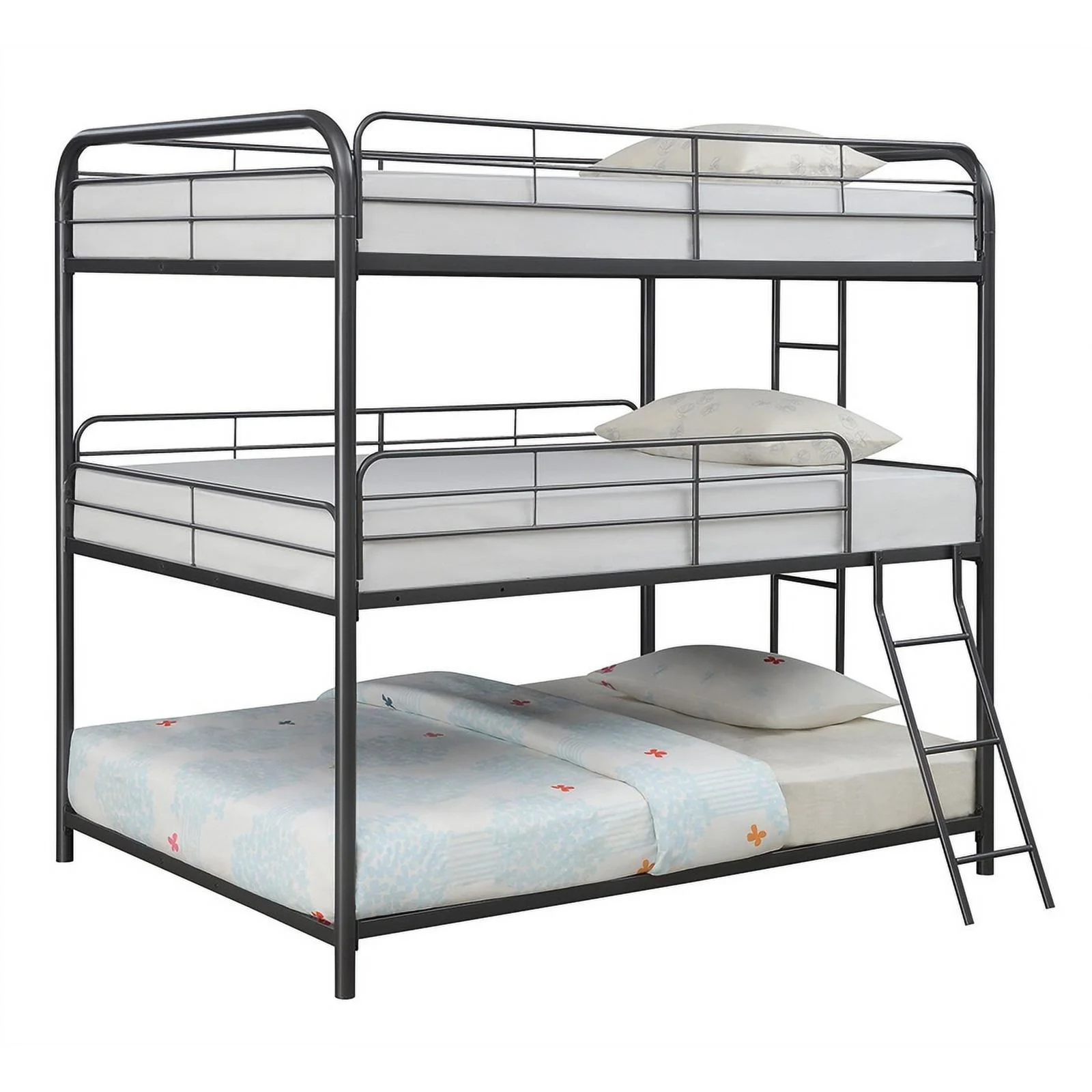 Pemberly Row Triple Full Farmhouse Metal Bunk Bed with Ladder Gunmetal