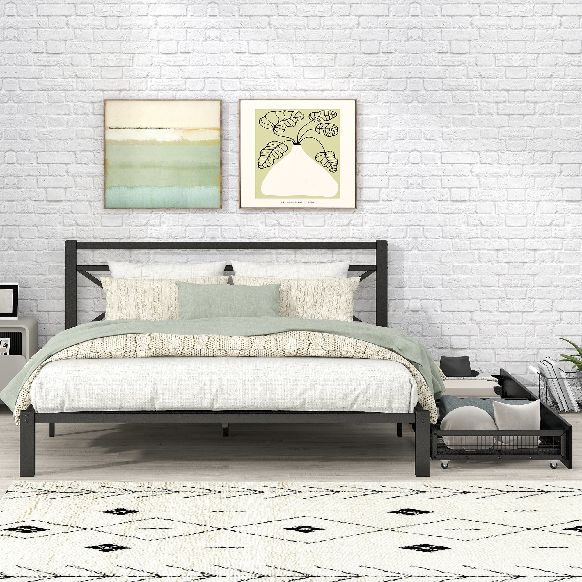 Black Metal Platform Bed Frame Queen Size with Vintage Headboard and 2 Drawers, Queen Bed Frame Mattress Foundation with Strong Slat Support for Girls Boys Kids Teens Adults, No Box Spring Needed