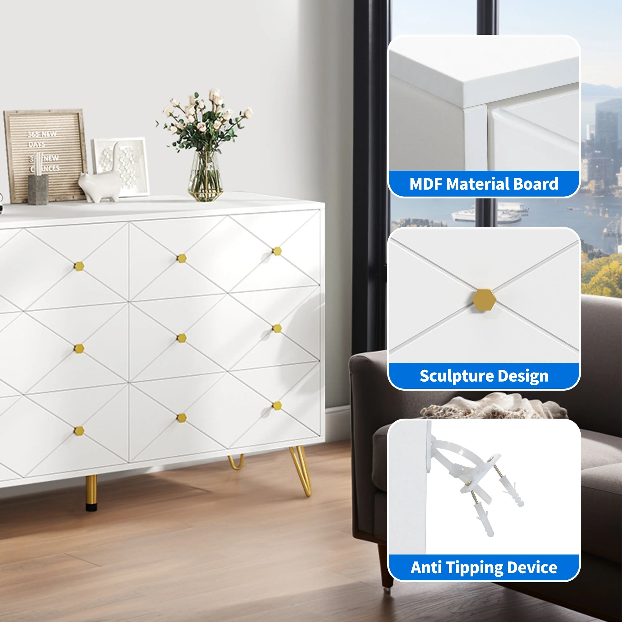 Dextrus 6 Drawer White Dresser,47