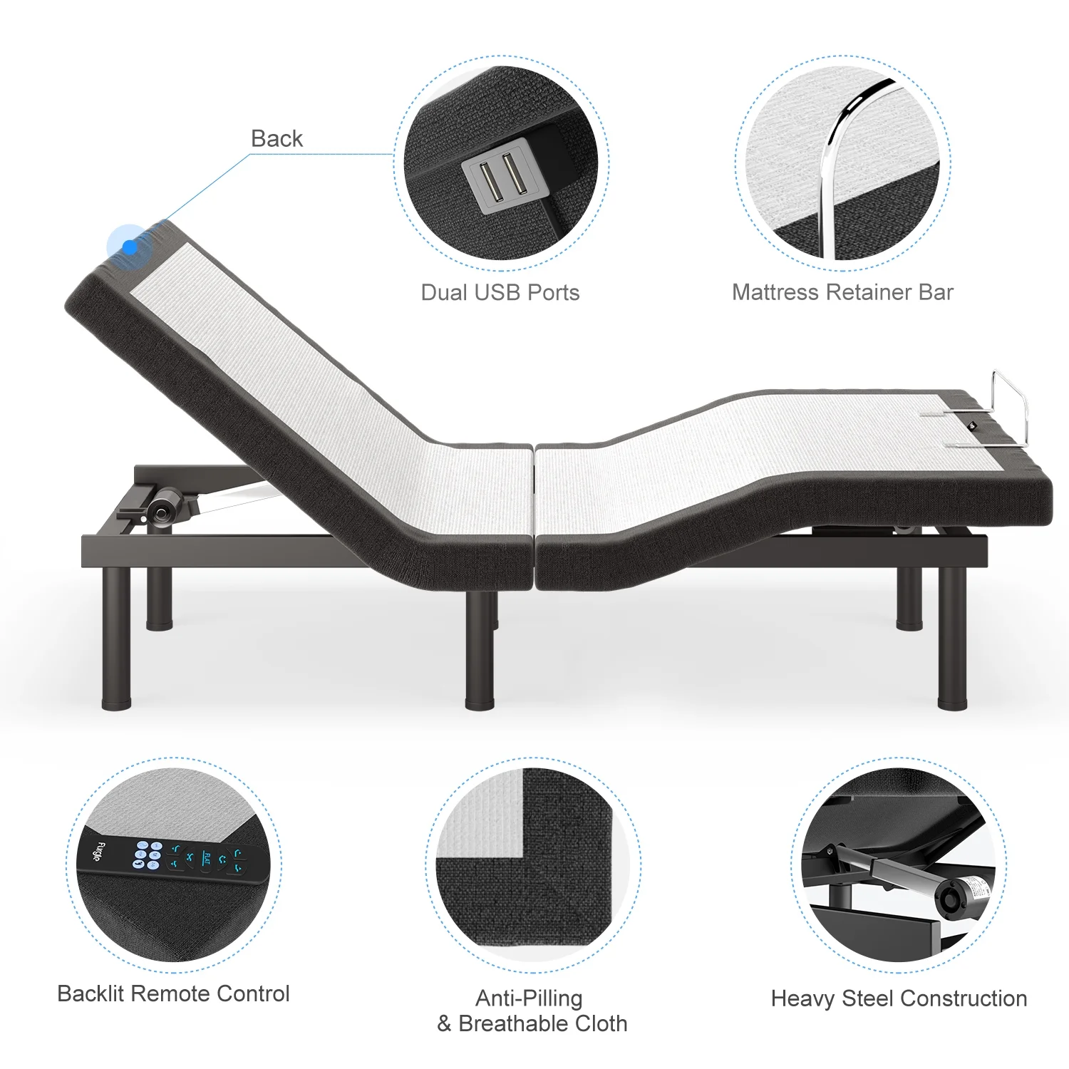 Split King Size Adjustable Bed Frame with USB Port,Head/ Foot Tilt,Remote Control,King Bed Frame No Mattress
