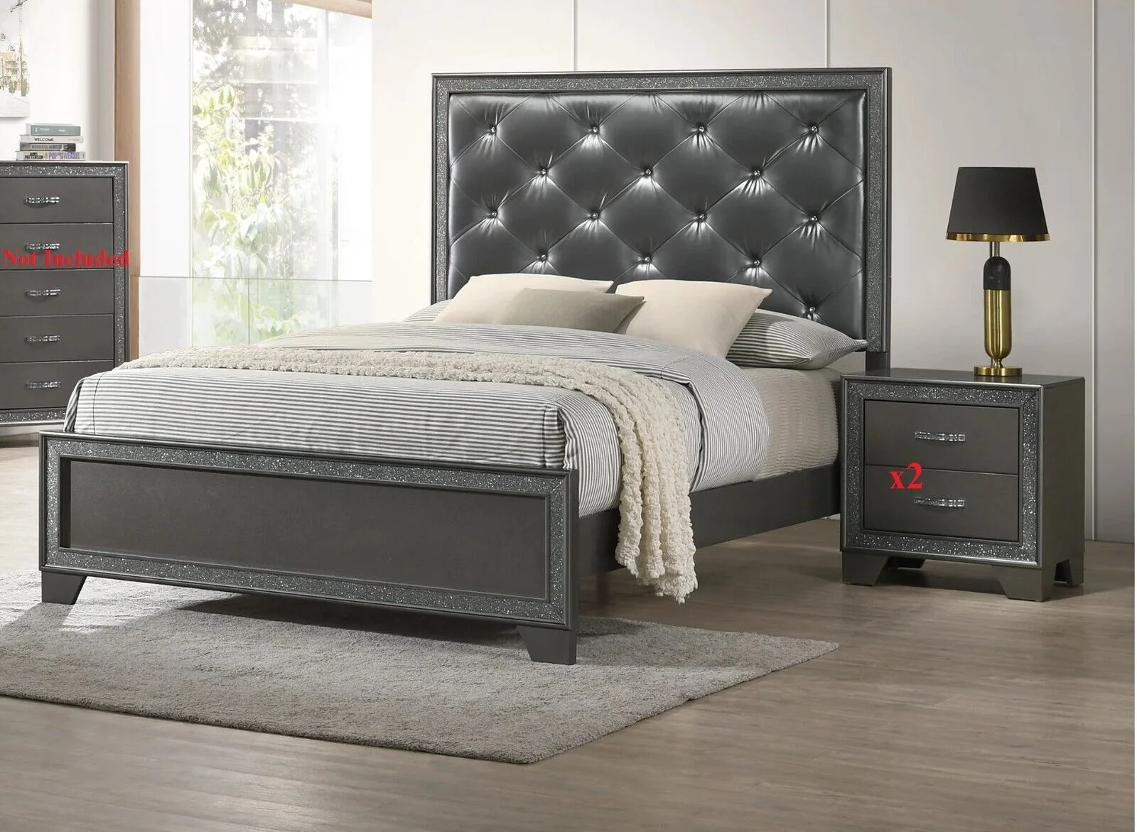3pc Modern Glam King Size Panel Bed and Nightstand Set Button-Tufted Headboard Dark Gray Finish Bedroom Furniture