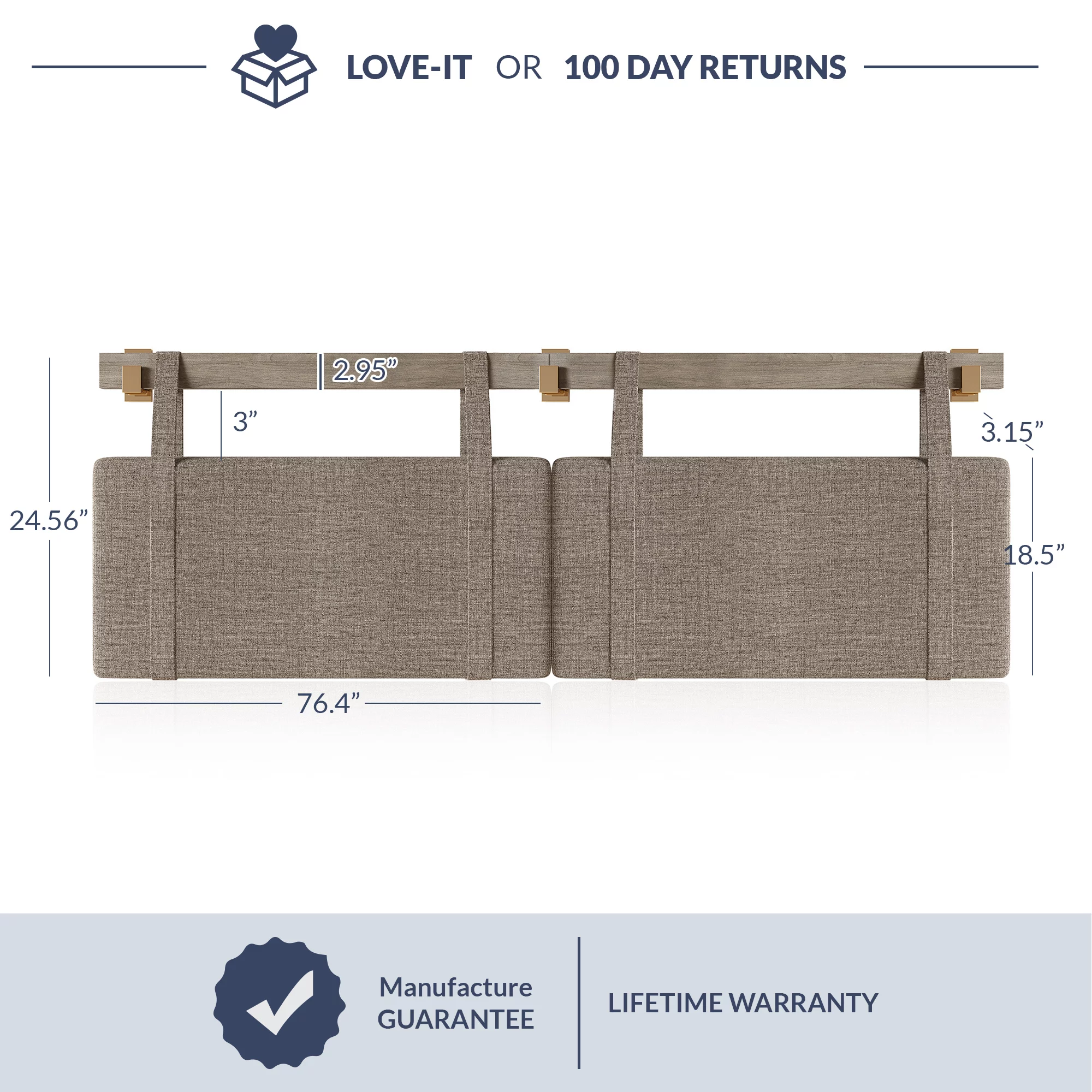 BELLEZE Wall Mounted King Headboard, Padded Headboard Linen Fabric Upholstered Head Boards for King Size Bed, Solid Wood Hanging Headboard Panels with Stainless Steel J Hooks for Bedroom - Pebble Grey