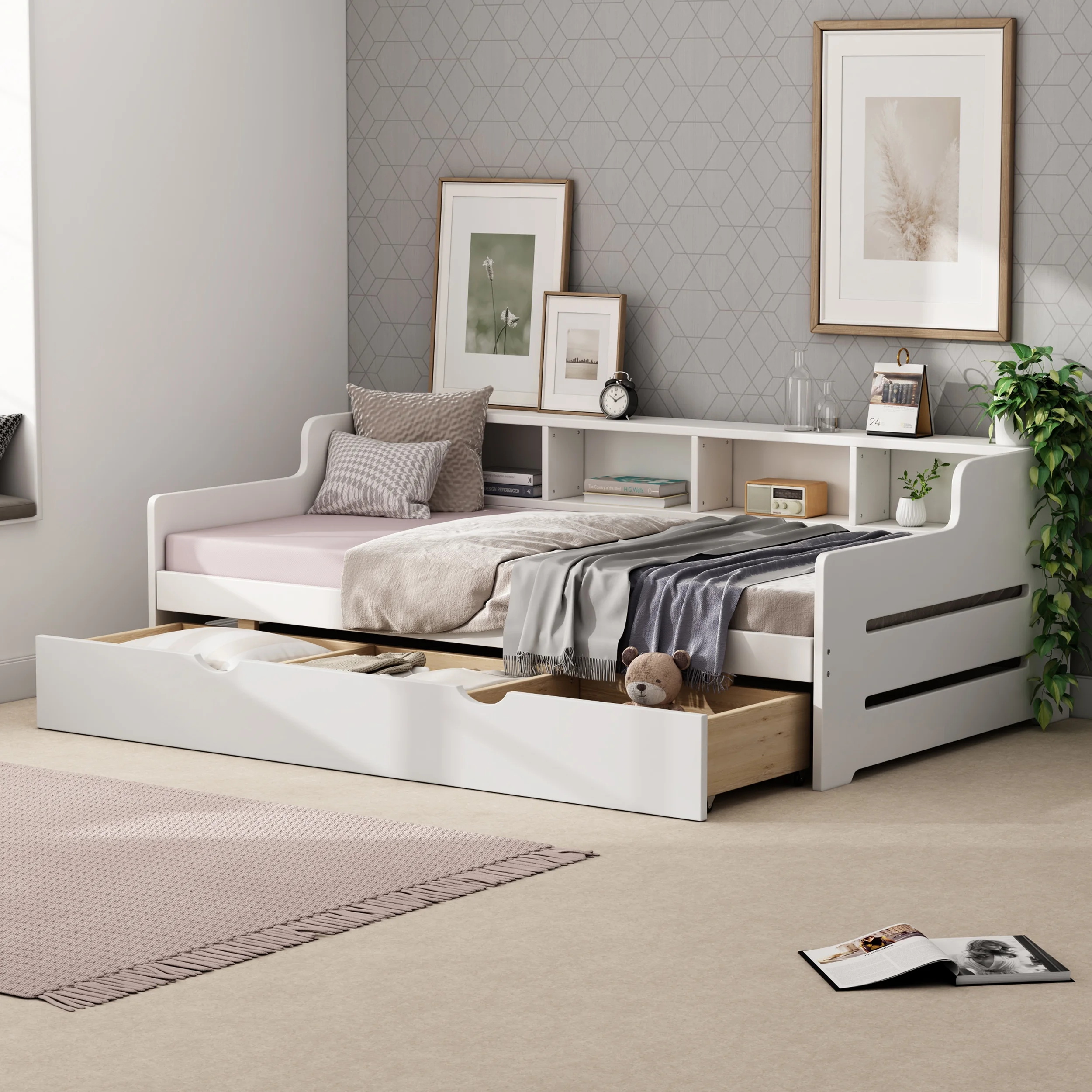 CoSoTower Twin Size Wooden Day Bed with 3 Trawers for Guest Room, Small Bedroom, Study Room, White