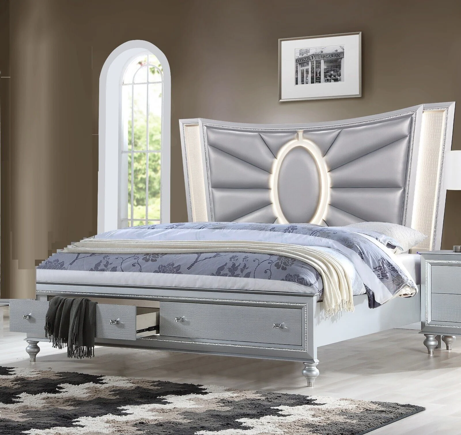 4pc Luxury Silver Queen Size Storage LED Headboard Bed Dresser Mirror Nightstand Bedroom Furniture