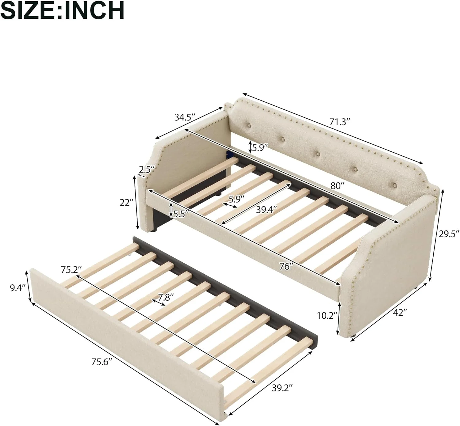Daybed Wih rudle, Upholsered Wood Daybed Wih rudle, Size rudle Daybed Sofa Bed For Bedroom Livig Room,o Box Sprig eeded,Beige