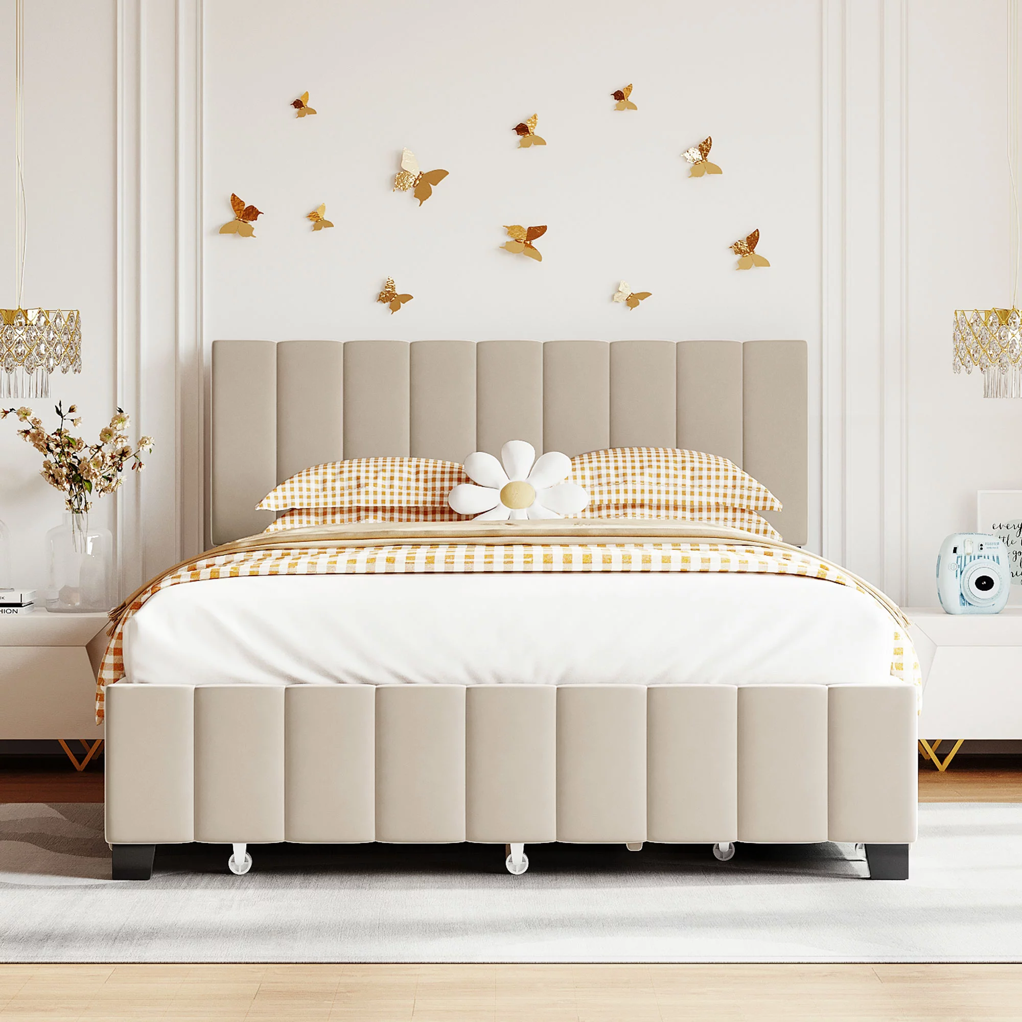 CoSoTower Queen Size Velvet Upholstered Platform Bed with 2 Drawers and 1 Twin Xl Trundle- Beige