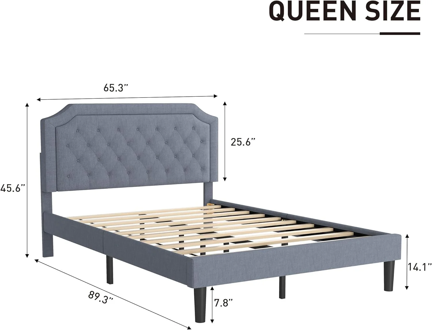 Queen Bed Frame With Button-Tufted Headboard, Modern Platform Bed Frame Queen Size With Under-Bed Storage Space, Solid Wooden Slats, No Box Spring Needed, Noise-, Grey