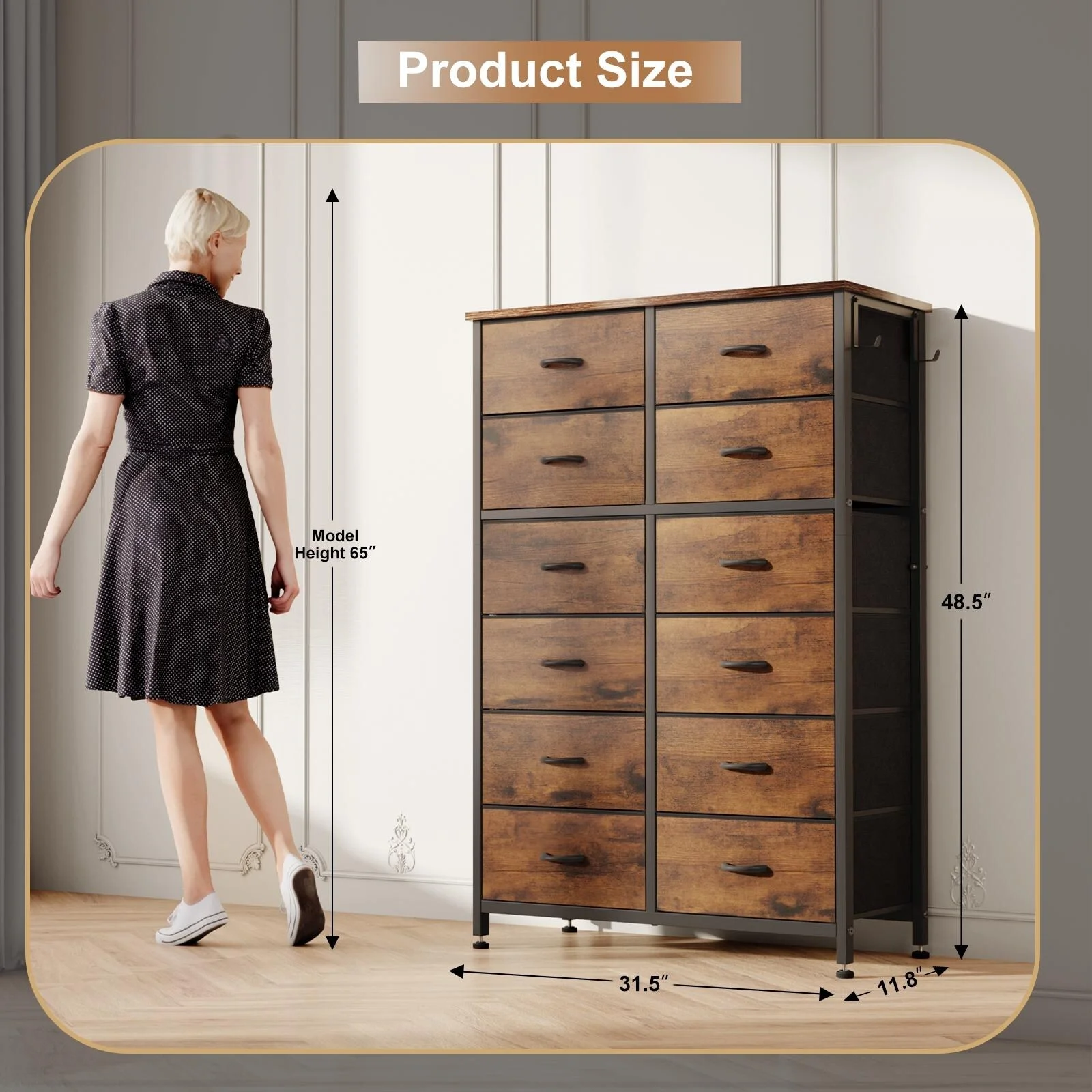 JINYUZHOU INC 12 Drawer Dresser Tall Fabric Chests of Drawers Closet for Bedroom Rustic Brown - 12-drawer