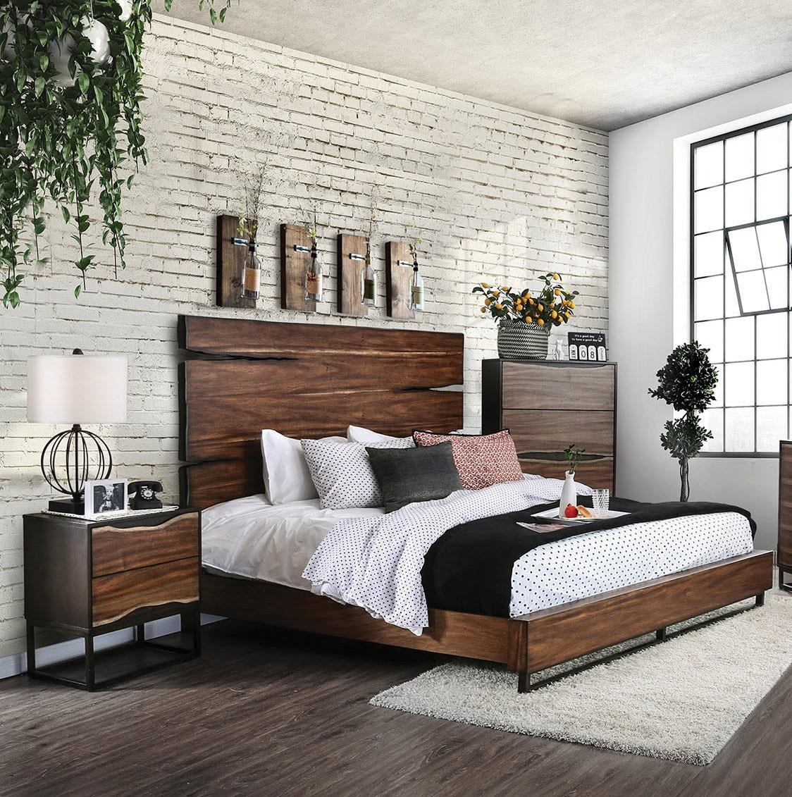 Dark Walnut & Dark Oak Solid Wood Queen Bedroom Set 3pcs FOA CM7363 Fulton
