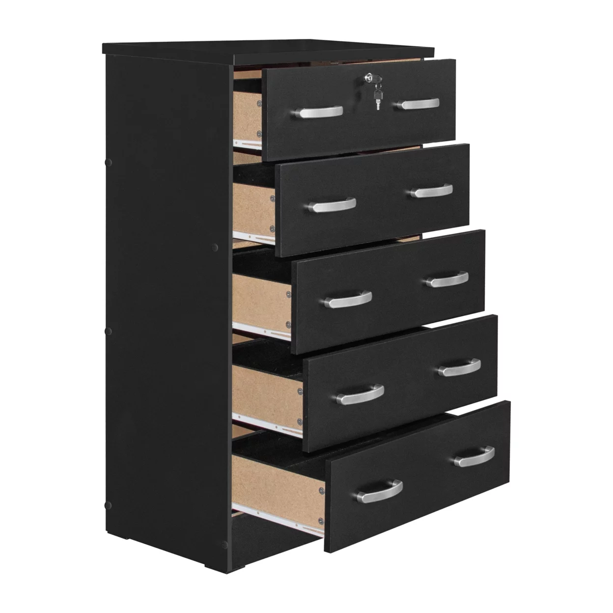 Home Furniture Cindy 5 Drawer Chest Wooden Dresser with Lock - Black