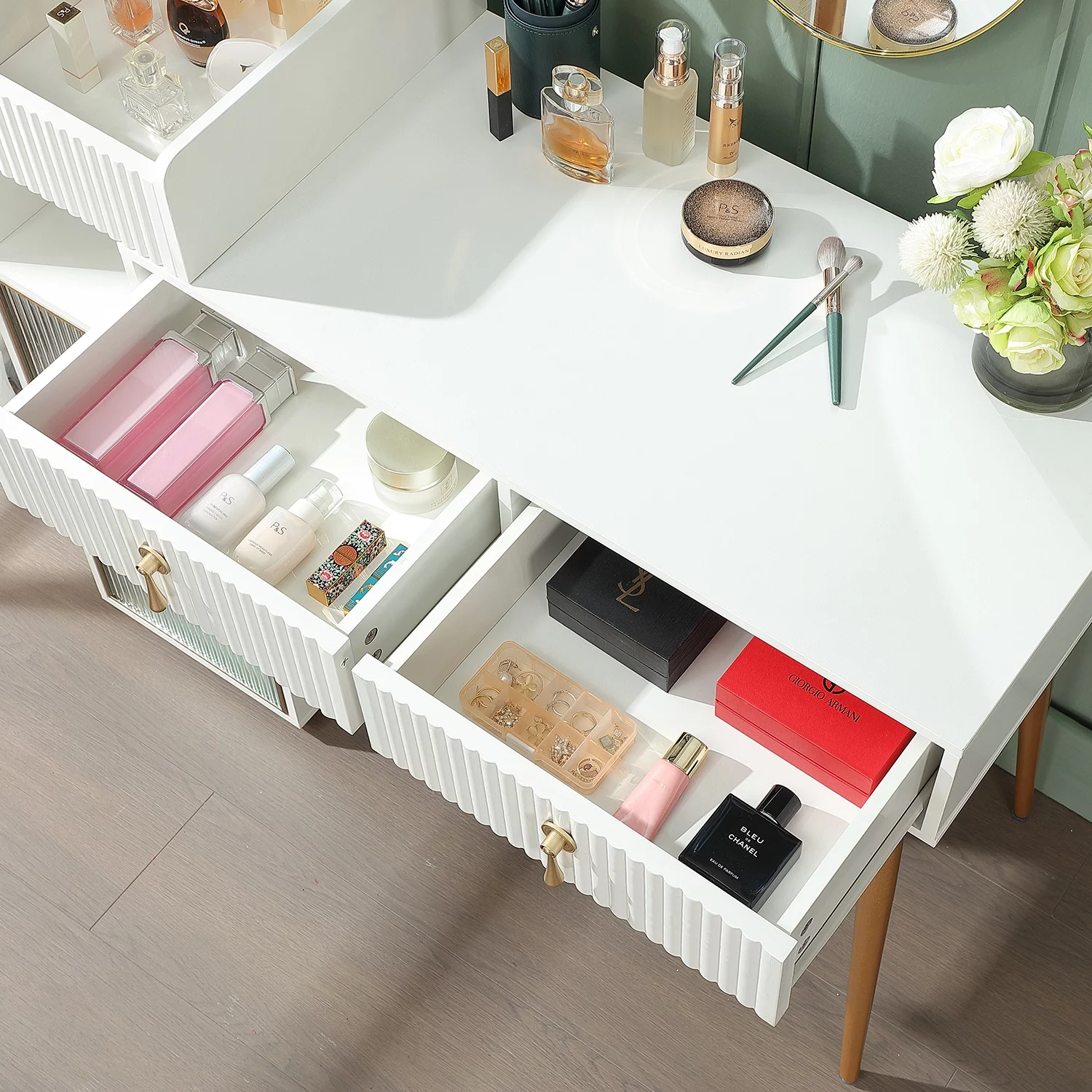 HOLISUN Makeup Vanity Desk with Drawers, Modern Dressing Table with Storage Cabinet for Bedroom, White and Gold Desks Without Mirror (42 Inch White)