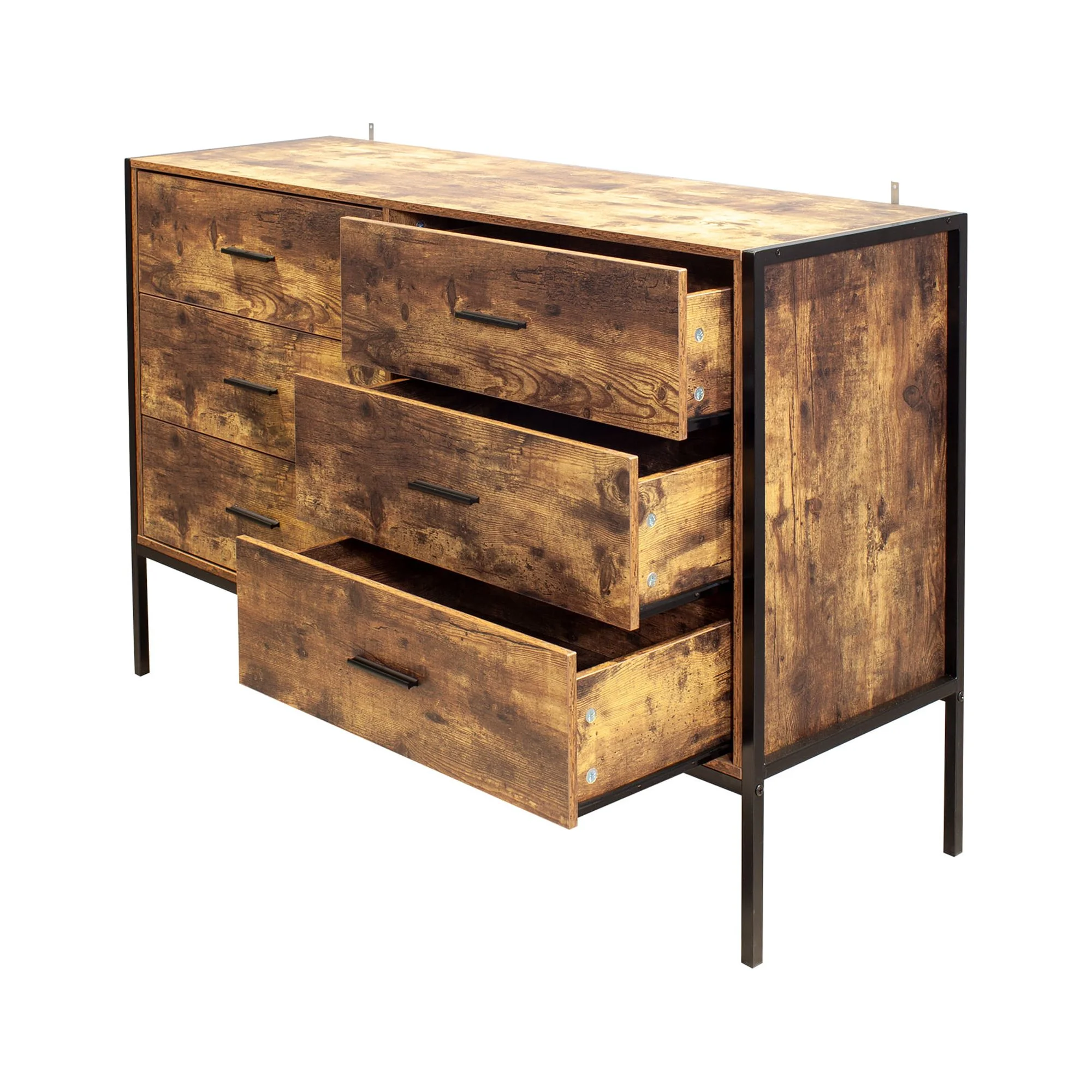 Industrial Style 6 Drawer Double Dresser,Rustic Brown Wood Storage Dresser Clothes Organizer with Sturdy Steel Frame, Chest with 6 Drawer, Storage Cabinet for Bedroom, Living Room