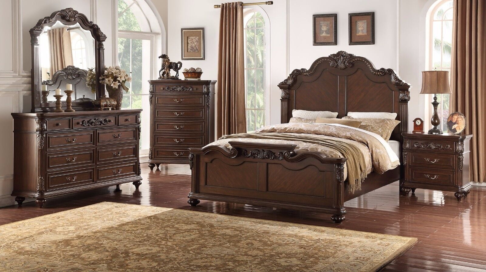 Bedroom Furniture Traditional Formal Queen Size Bed Dresser Mirror 2x Nightstands Chest 6pcs Set Dark Brown Plywood