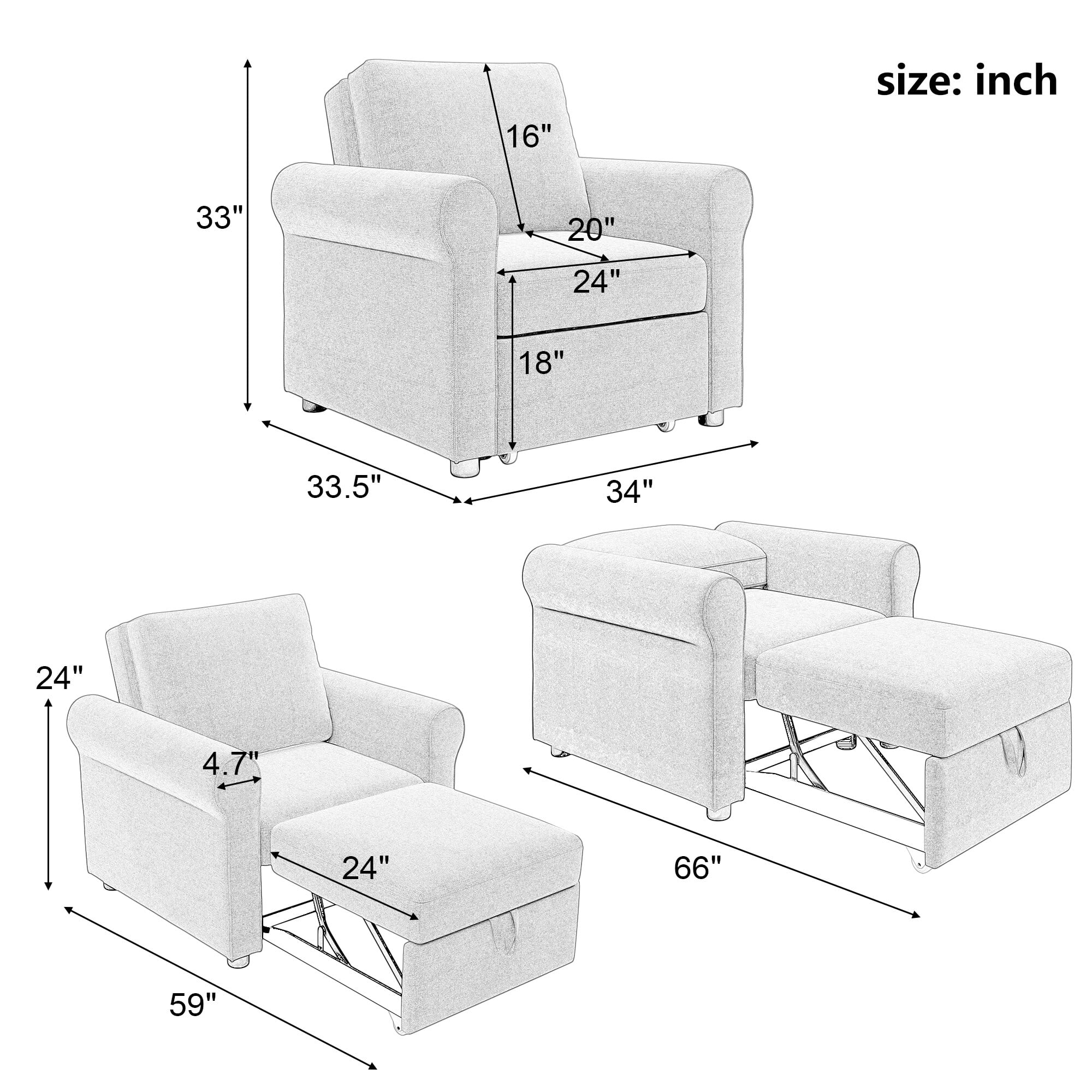 3-in-1 Sofa Bed Chair Convertible Sleeper Chair Bed Modern Adjust Backrest Single Sofa Bed Livingroom Accent Chair for Bedroom Dark Blue