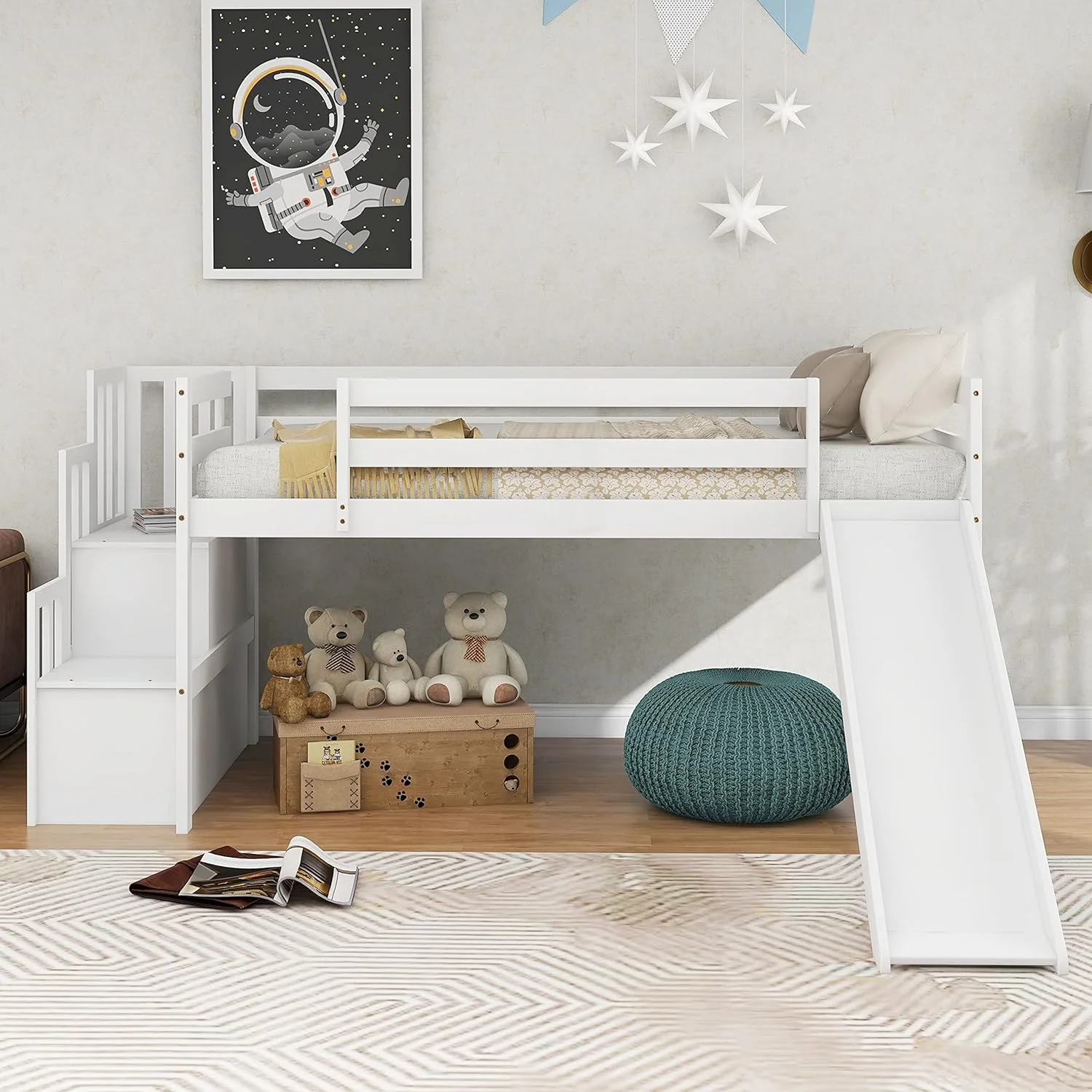 Loft Bed With Slide, Low Loft Bed Frame With Stairs And Storage Shelves, Slide Loft Bed For Boys Girls, No Box Spring Needed, White