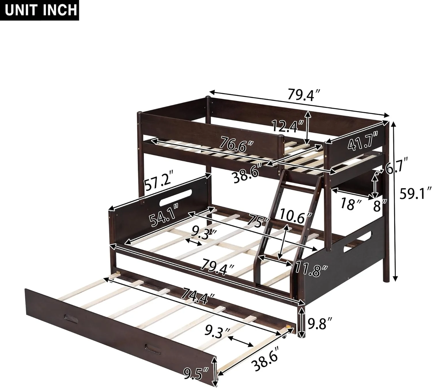 Wood Twin Over Full Bunk Bed with Bulit-in Storage Shelves and Twin Size Trundle,Bunk Bed with Safety Ladder and Guardlails