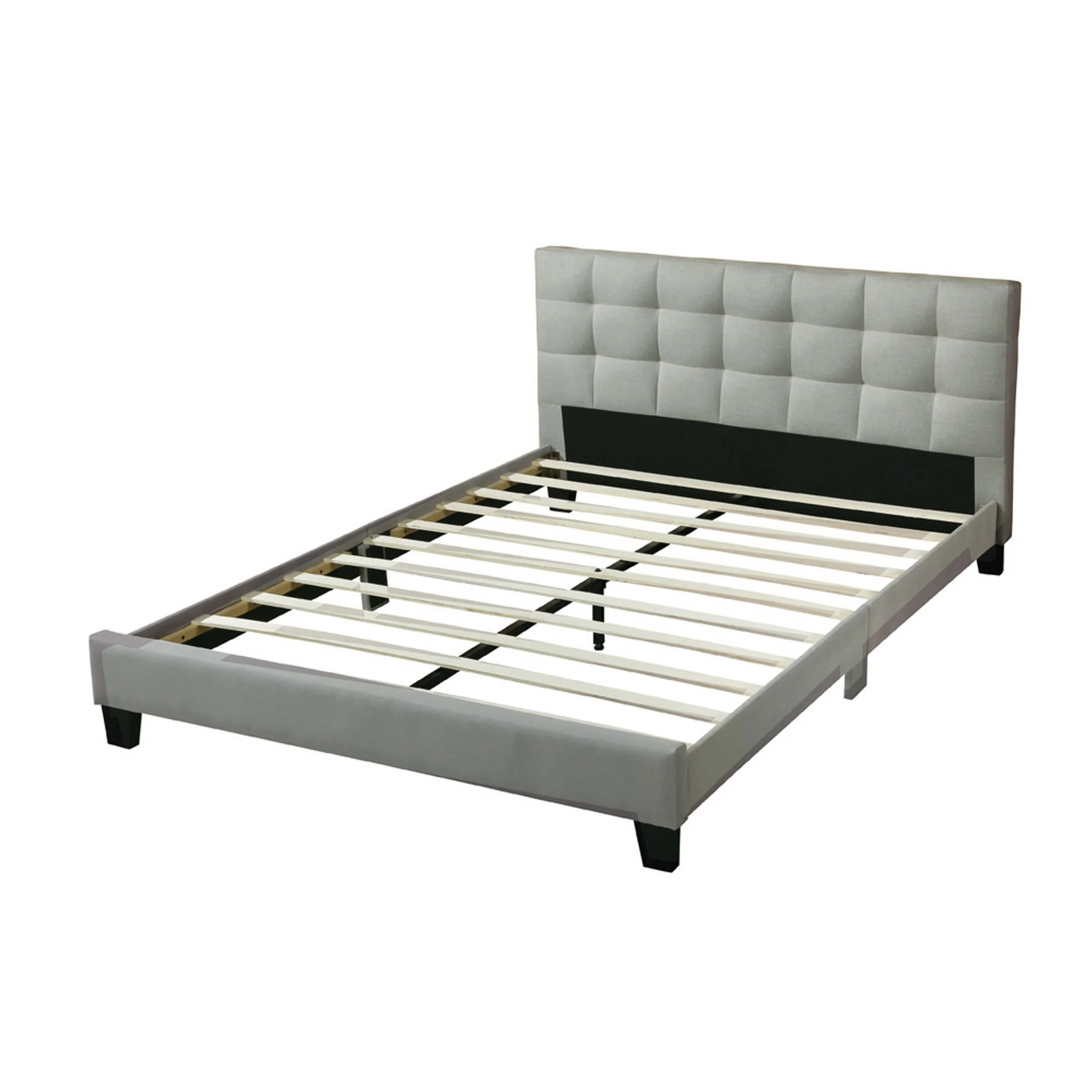 Dex Modern Platform Queen Size Bed, Square Tufted Upholstery, Light Gray- Saltoro Sherpi