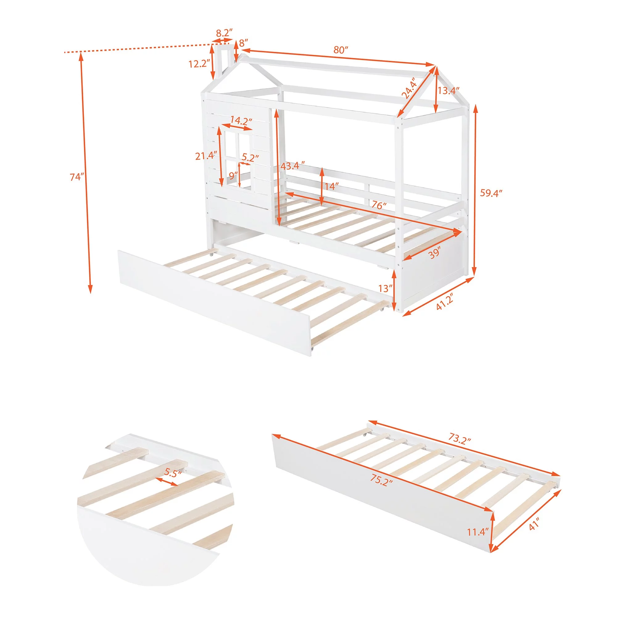 White Twin Size Wood House Bed with Twin Size Trundle
