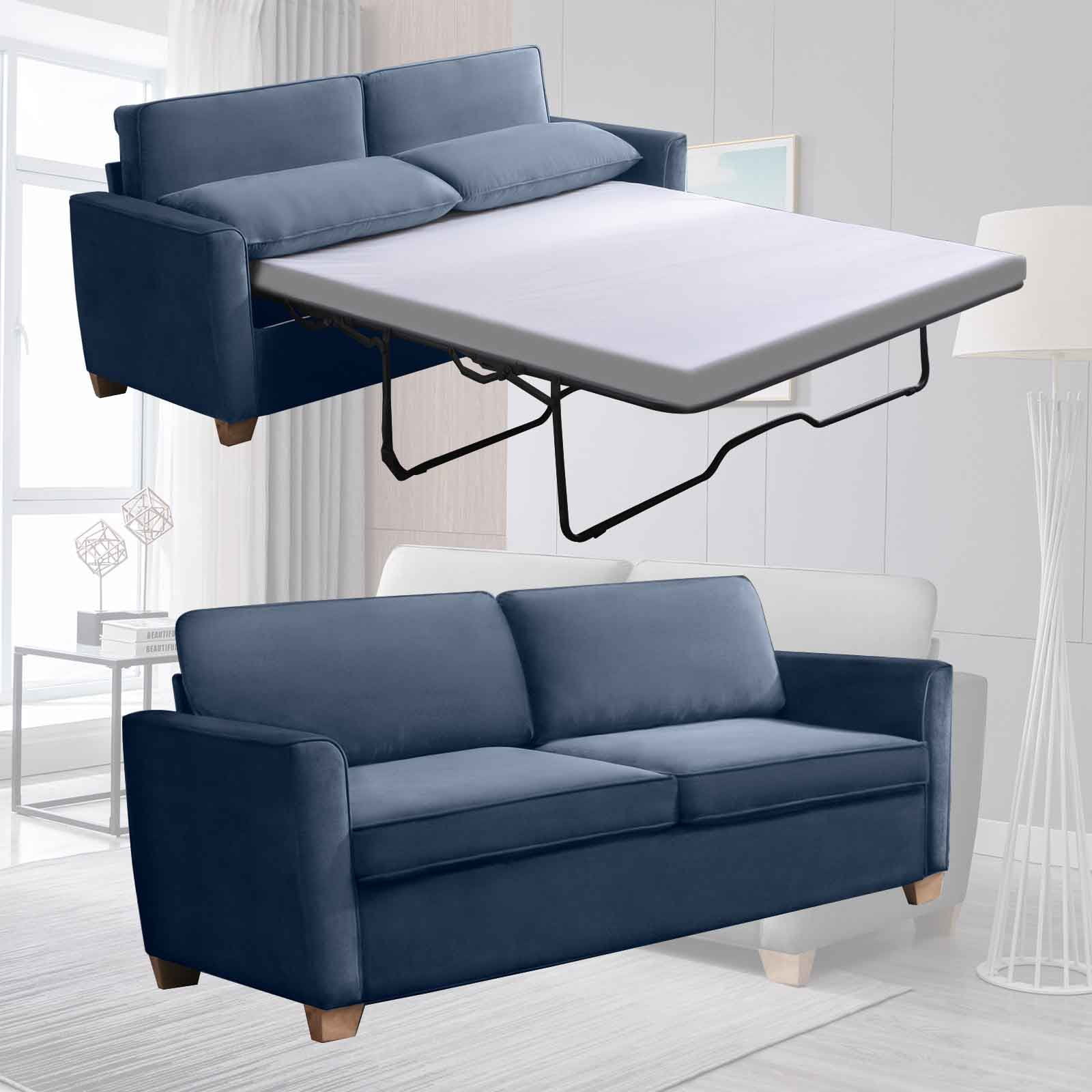 CECER 2-in-1 Pull Out Sofa Bed, Velvet Loveseat Sleeper Sofa Bed with Folding Mattress, Pull Out Couch Bed for Living Room, Queen Size Sleeper Sofa for Apartment/Small Spaces- Blue