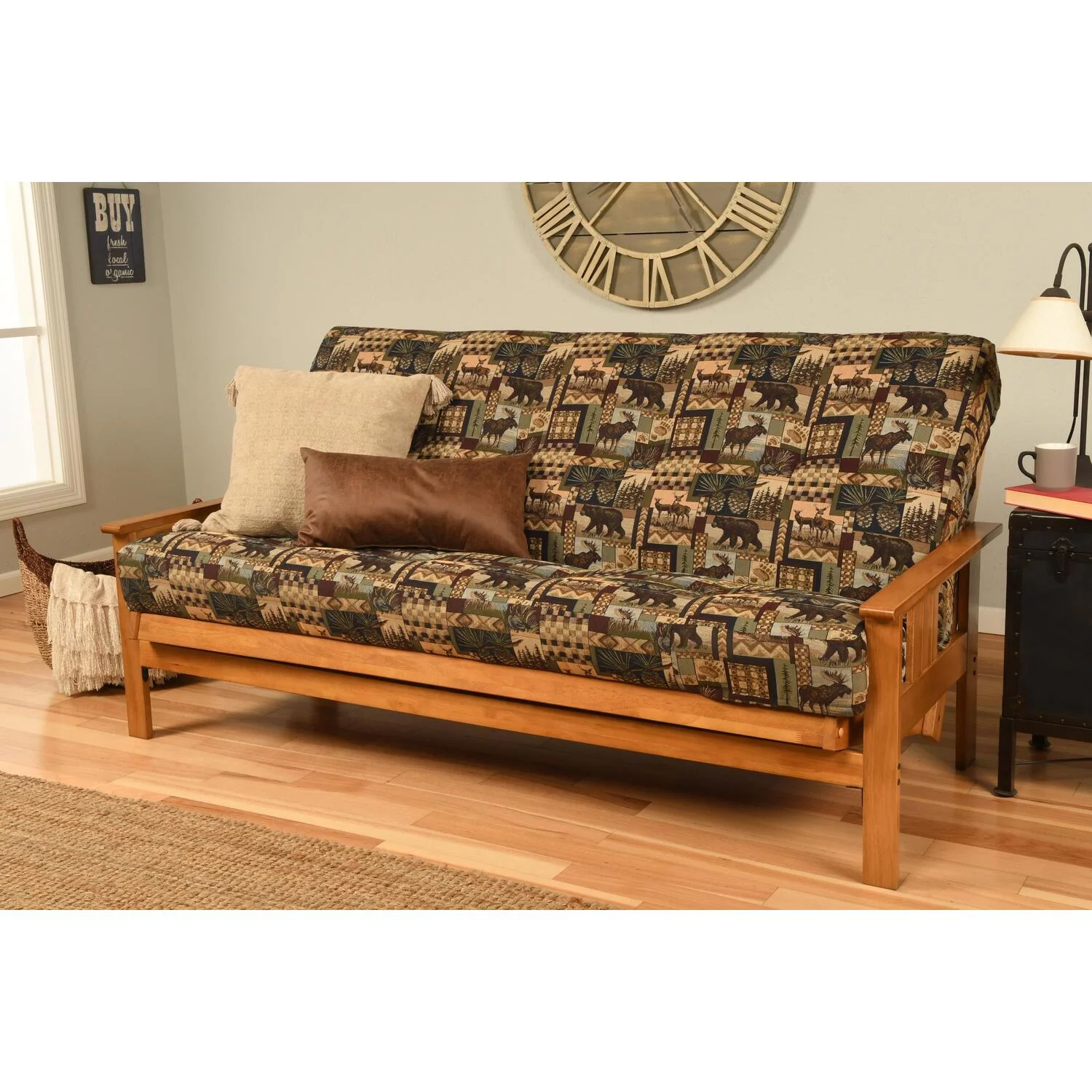 Kodiak Furniture Monterey Butternut Futon with Multi-Color Fabric Mattress