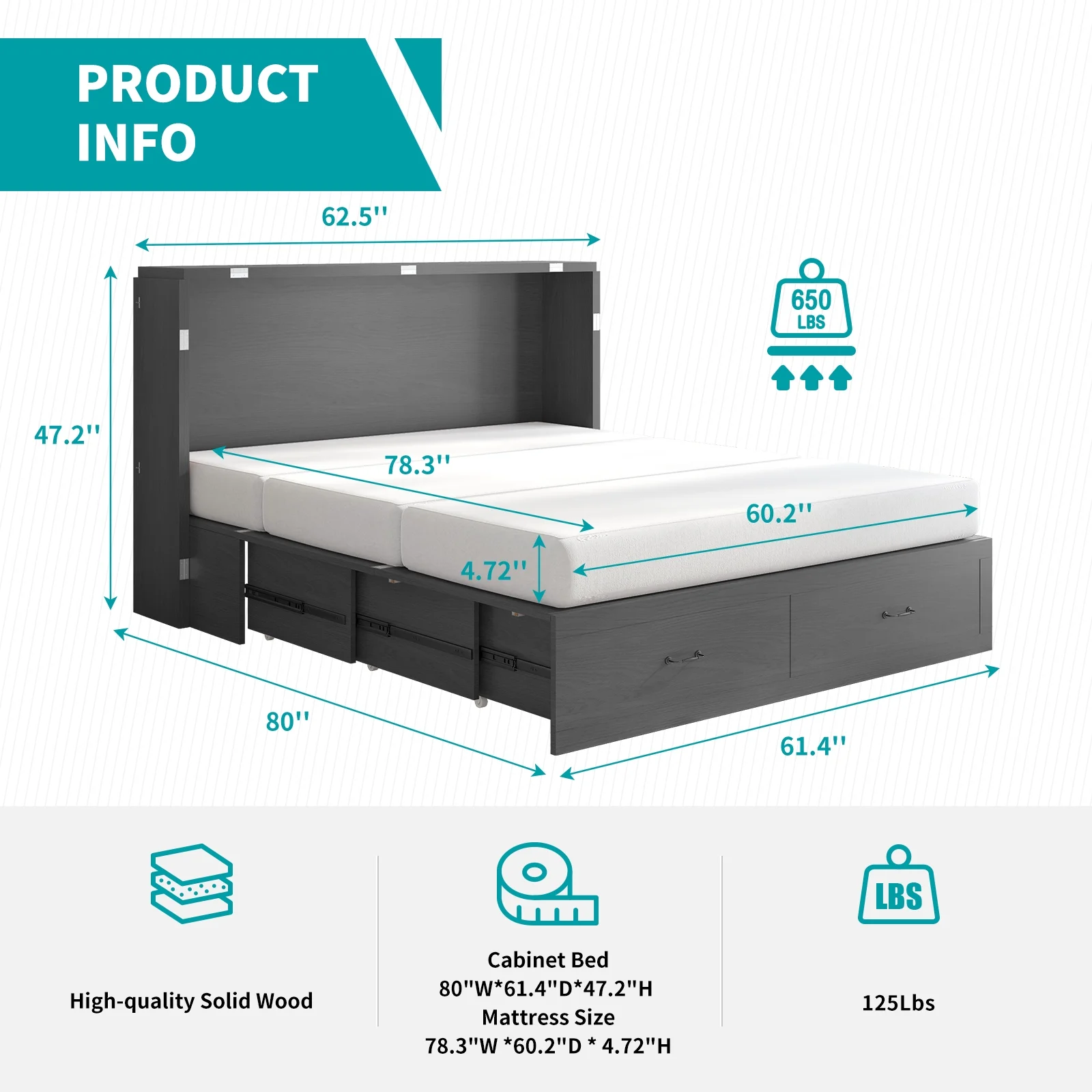 BALUS Queen Murphy Bed Cabinet, Modern Cabinet Chest Bed with Charging Station, Space-Saving Cube Murphy Bed with Folding Memory Foam Mattress & Large Storage Drawer for Bedroom（Stone Grey）