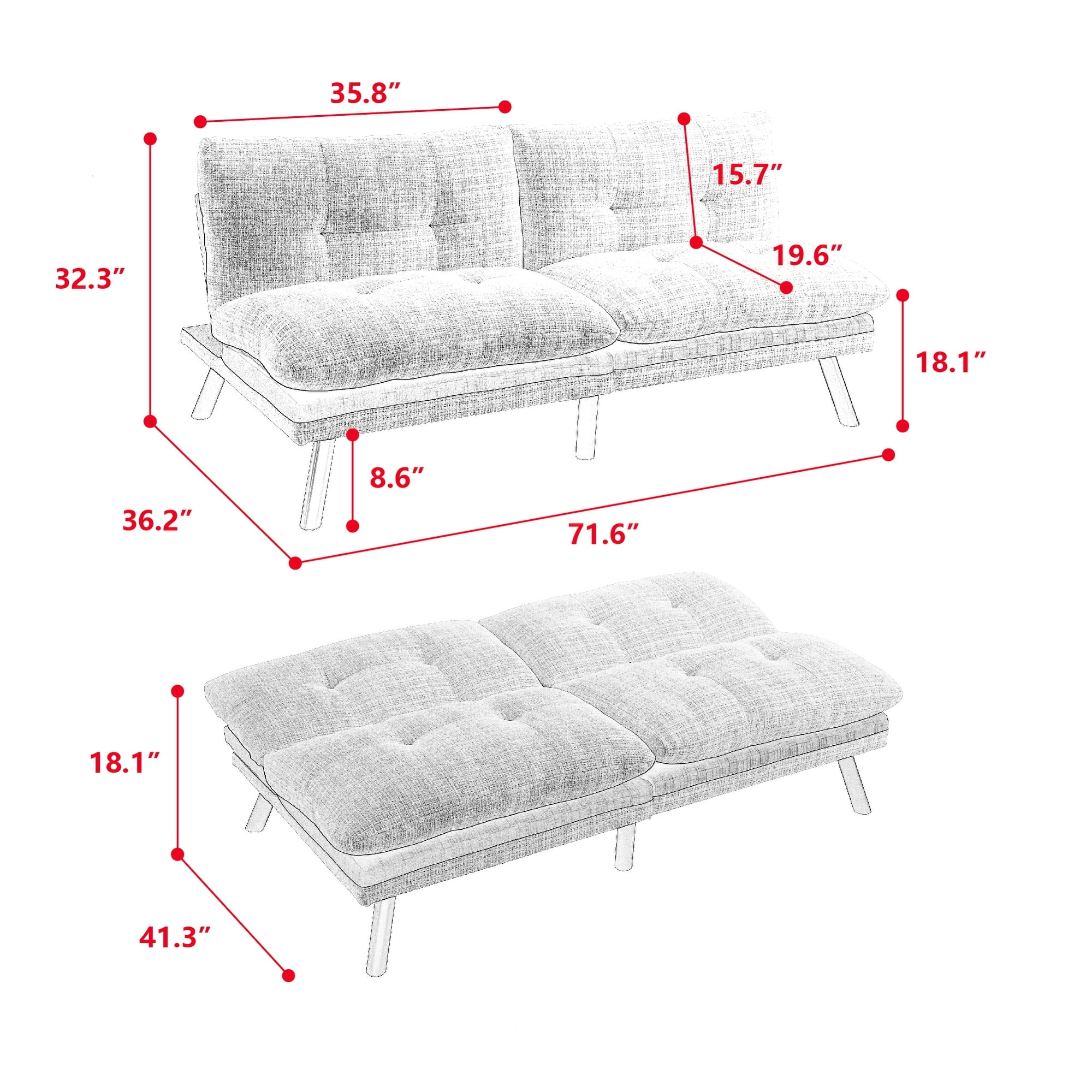 Clihome Convertible Sofa Bed Adjustable Futon Bed with Metal Legs Grey