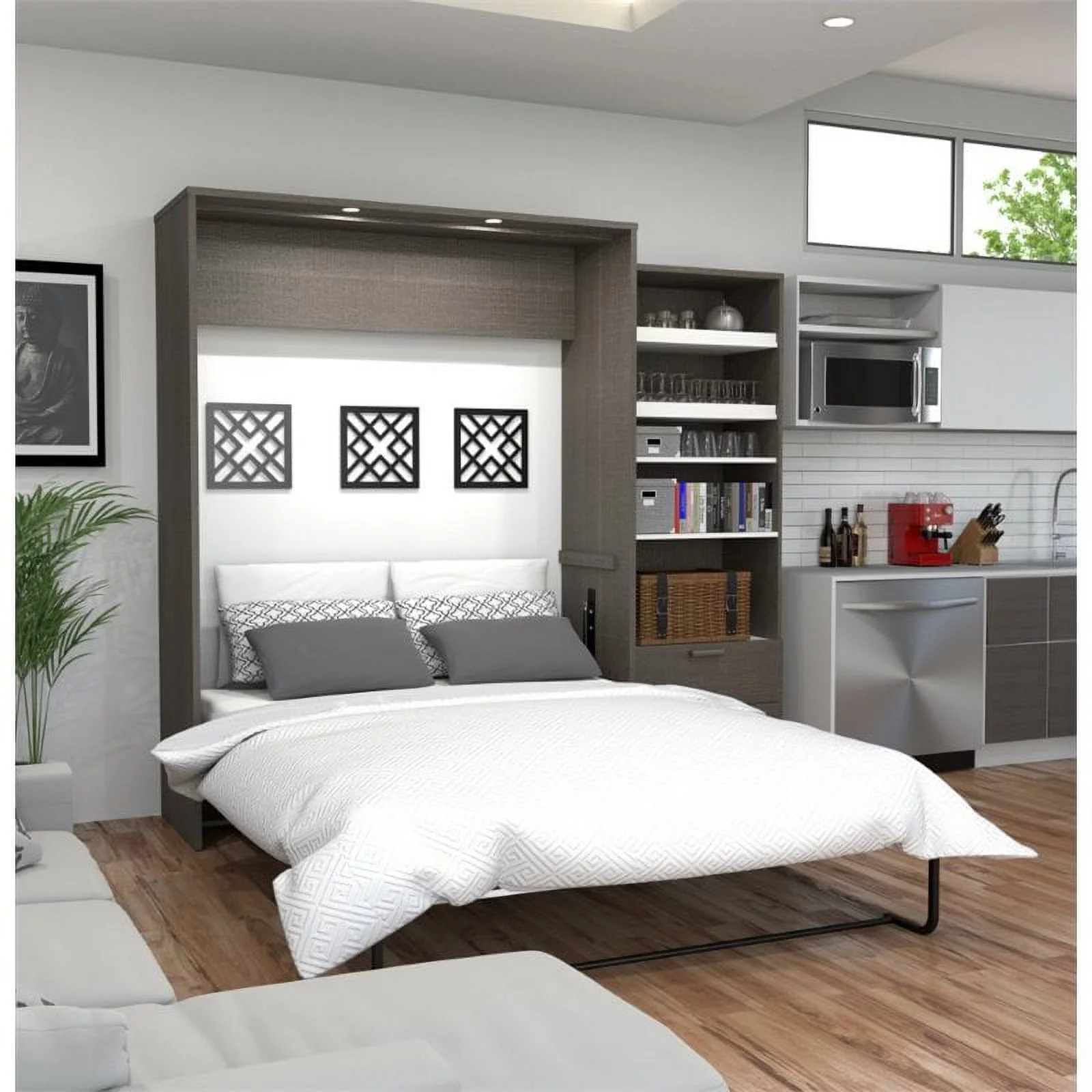 Atlin Designs Wood Queen Murphy Bed with Closet Organizer in Bark Gray/White