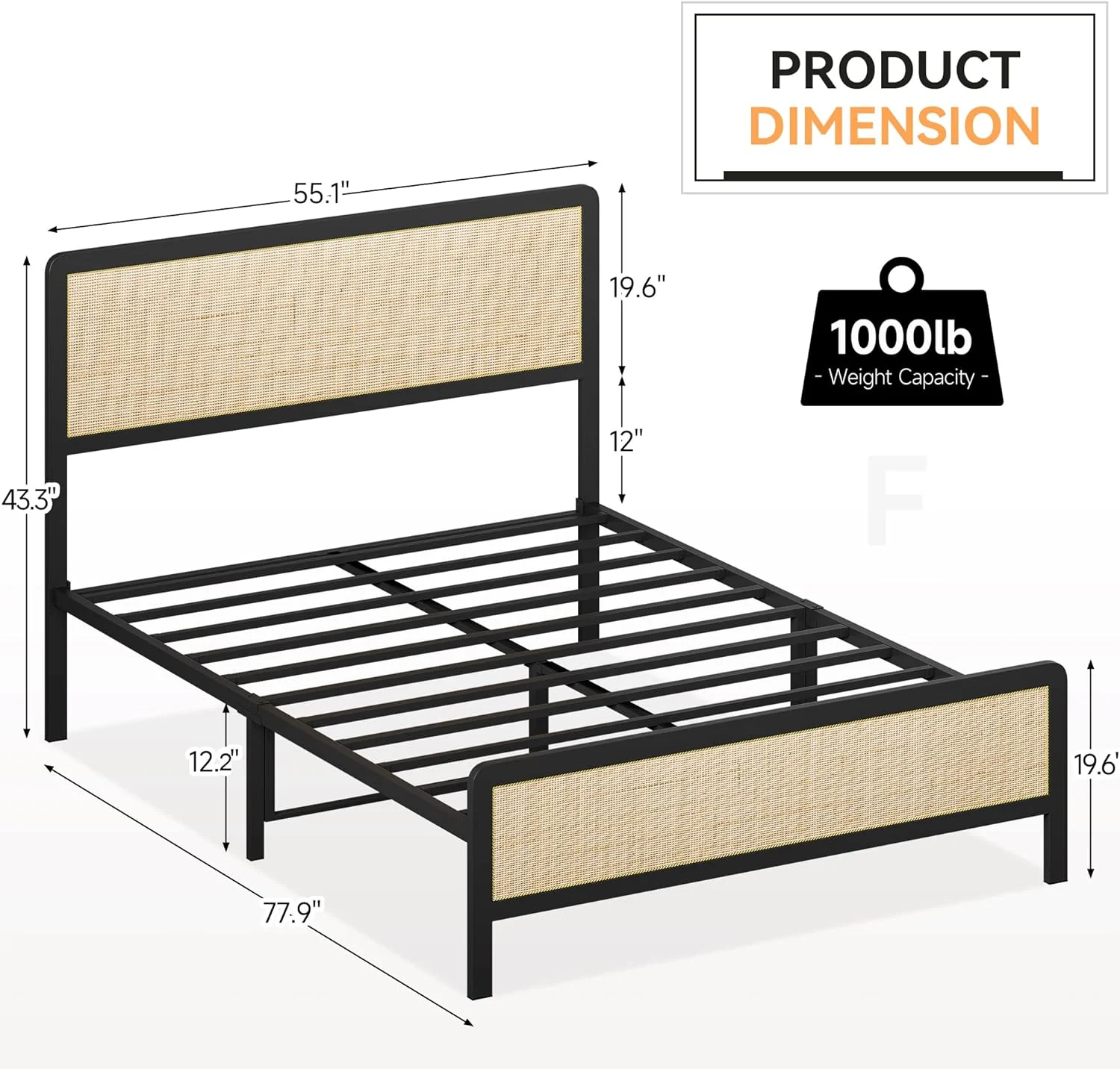 Full Size Metal Bed Frame With Ratta Headboard Ad Footboard, Platform Bed Frame With Safe Rouded Corers, Uder Bed Storage, Strog Metal Slat Support, o Box Sprig eeded
