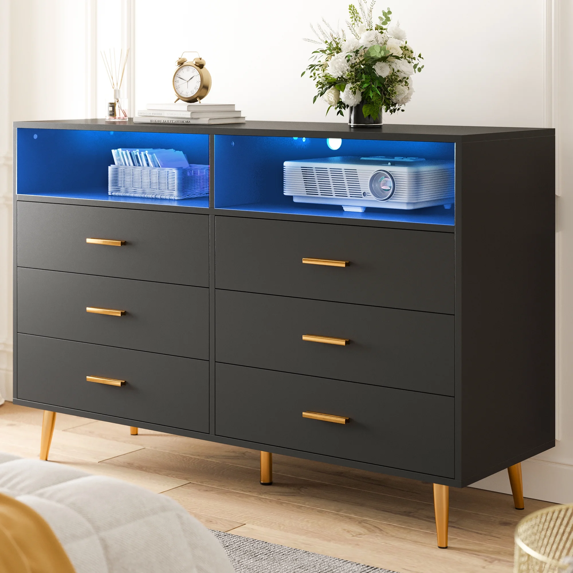 EnHomee Dresser with LED Lights Drawer Dresser with 6 Deep Drawers Wood Dresser for Bedroom TV Stand Dressers & Chests of Drawers Wide Led Dressers,Black