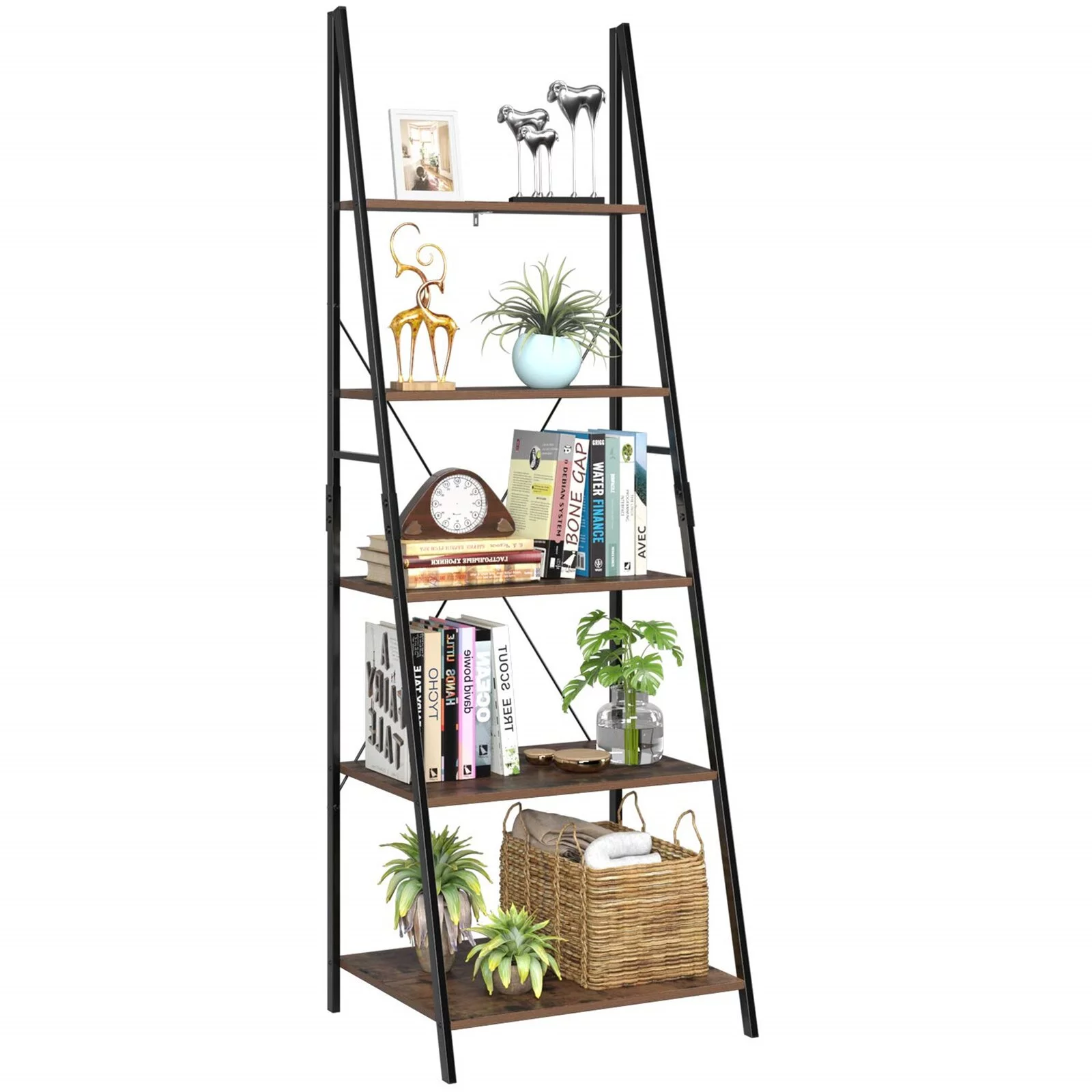 Homfa Metal Leaning Ladder Shelf Bookcase, 5 Tier Kitchen Rack Storage Shelving Unit for Living Room Ofiice Small Spaces, Black Brown