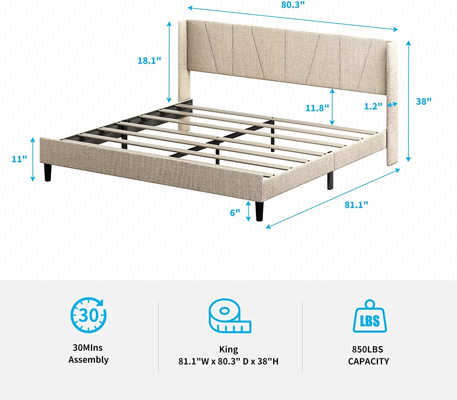 Mjkone King Upholstered Wingback Platform Bed Frame with Modern Headboard/Mattress Foundation with Wood Slat Support,No Box Spring Needed/Easy Assembly, Beige
